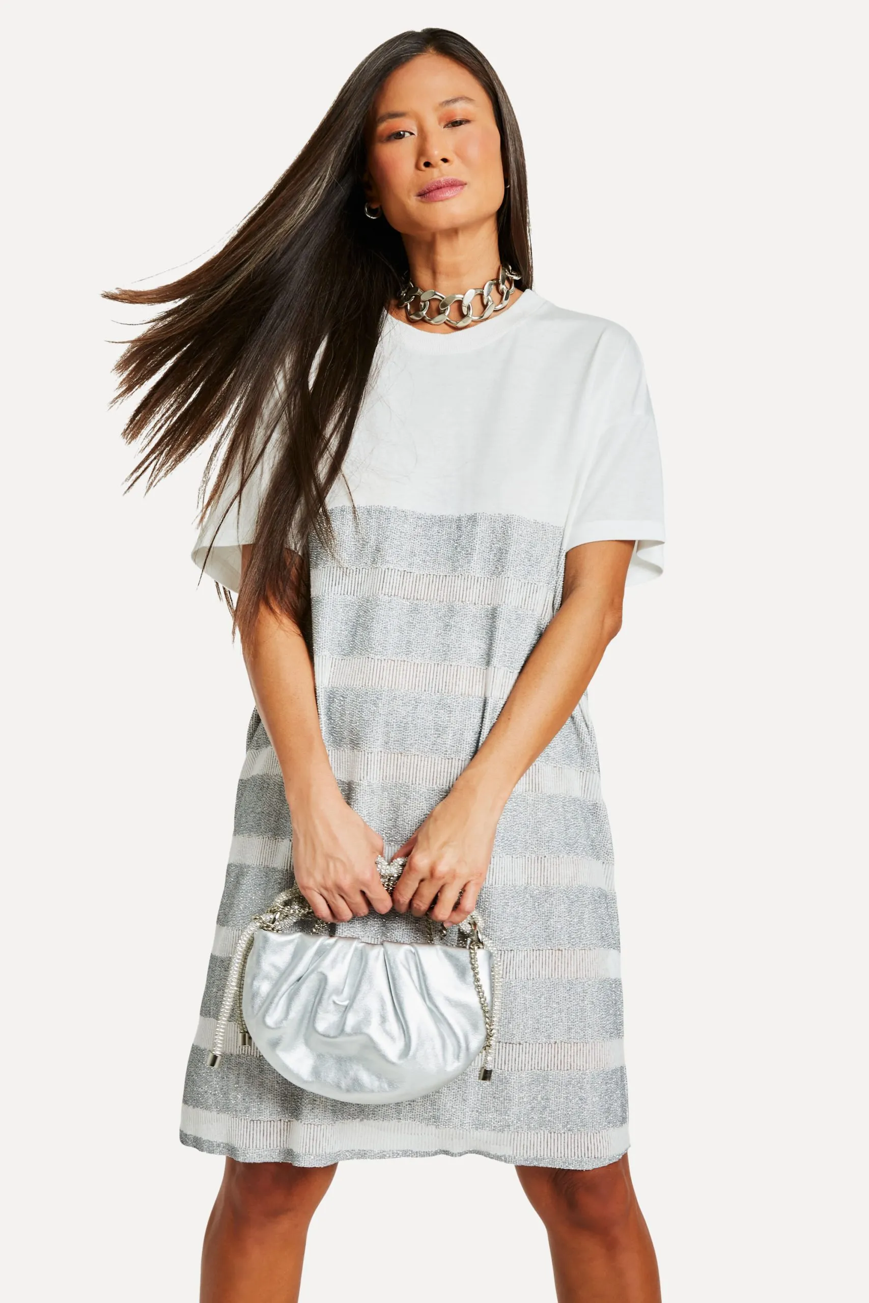 VESTIDO T-SHIRT LISTRA BRILHO