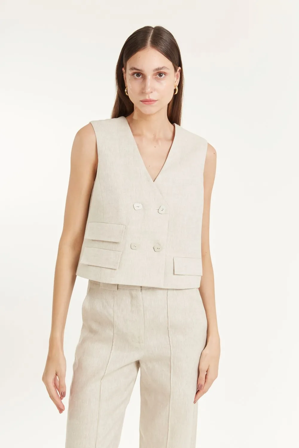 Colete de linho alfaiataria lapelas duplas natural