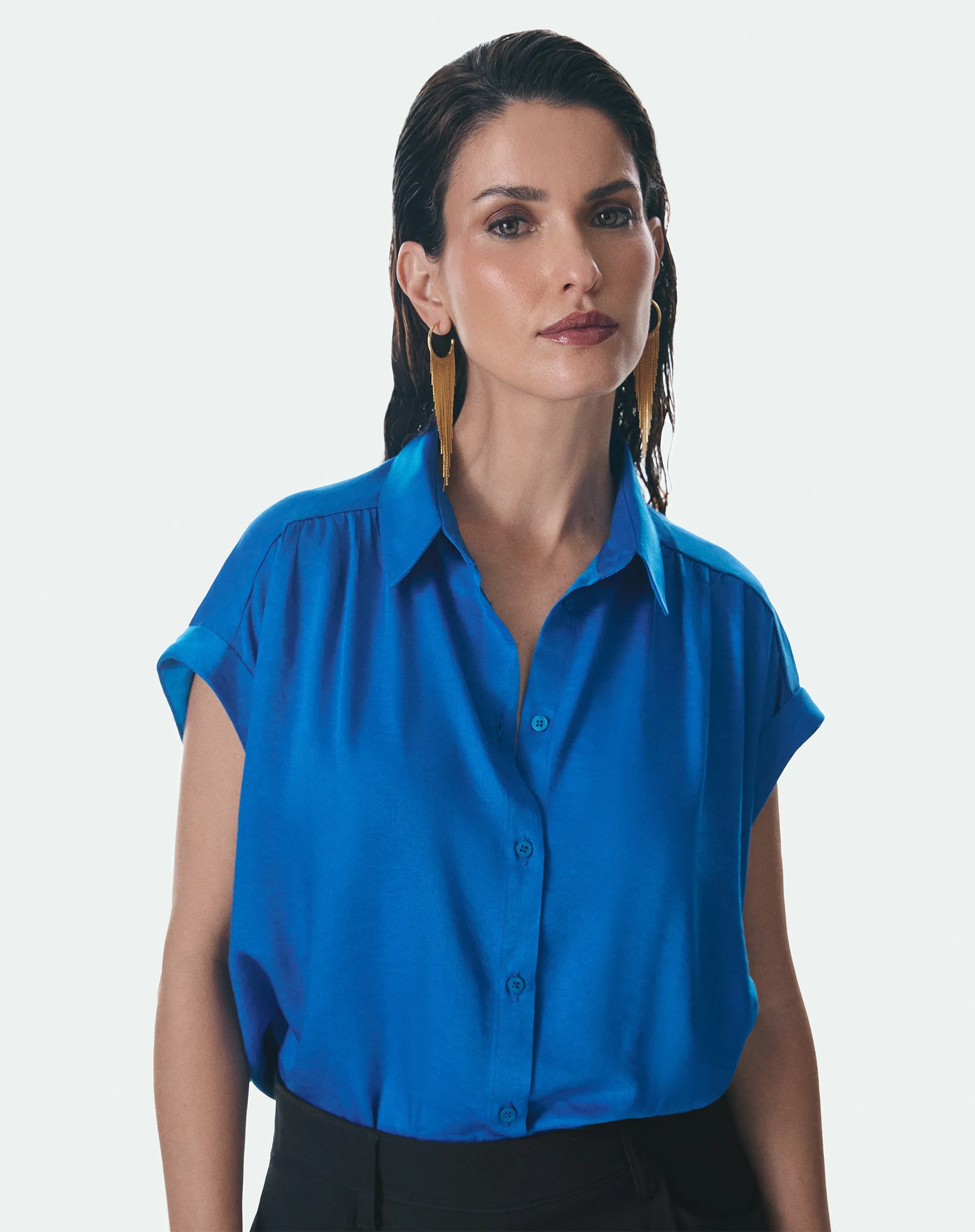 CAMISA MANGA CURTA DE CETIM - AZUL