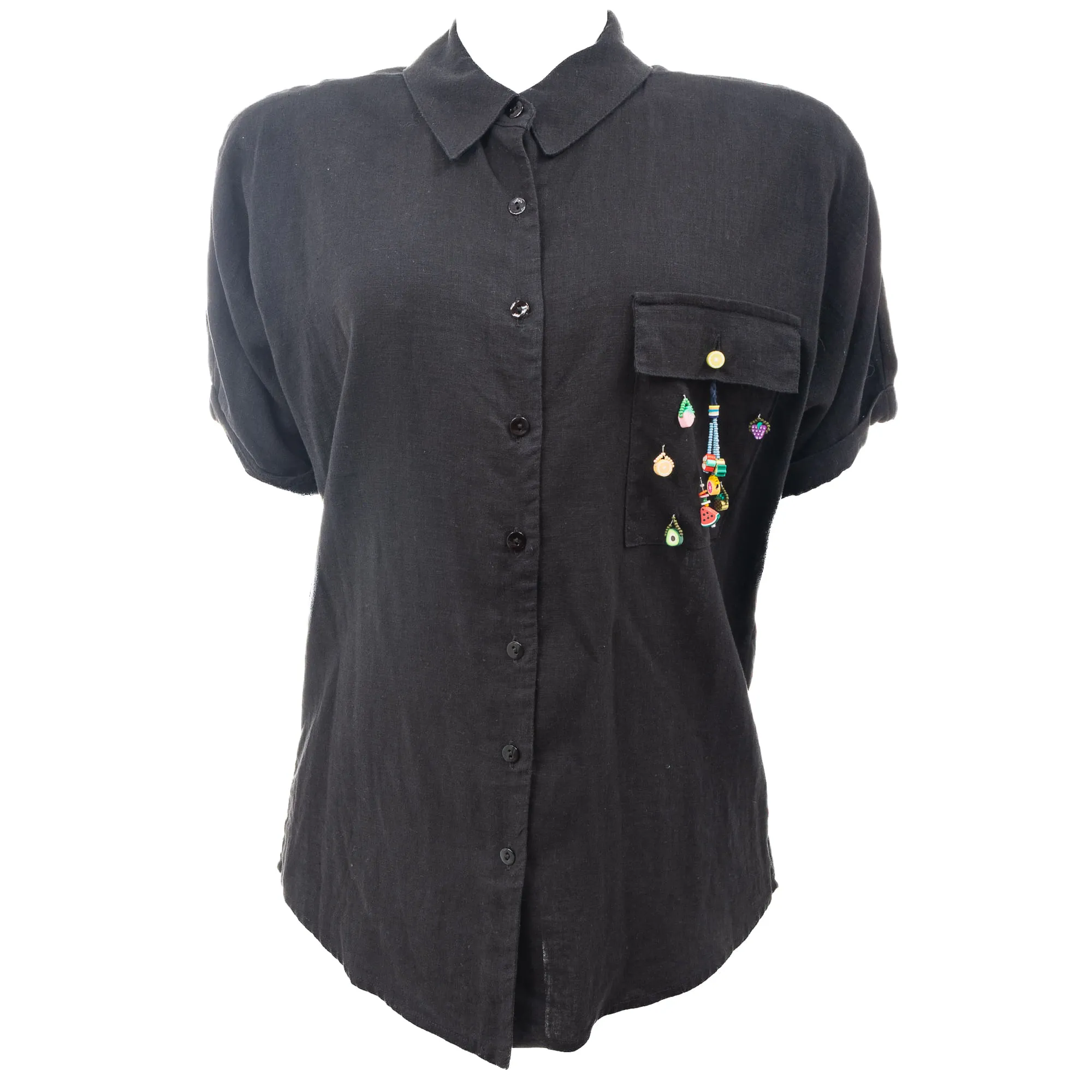 Camisa Cris Barros Preta e Aplicações Frutas