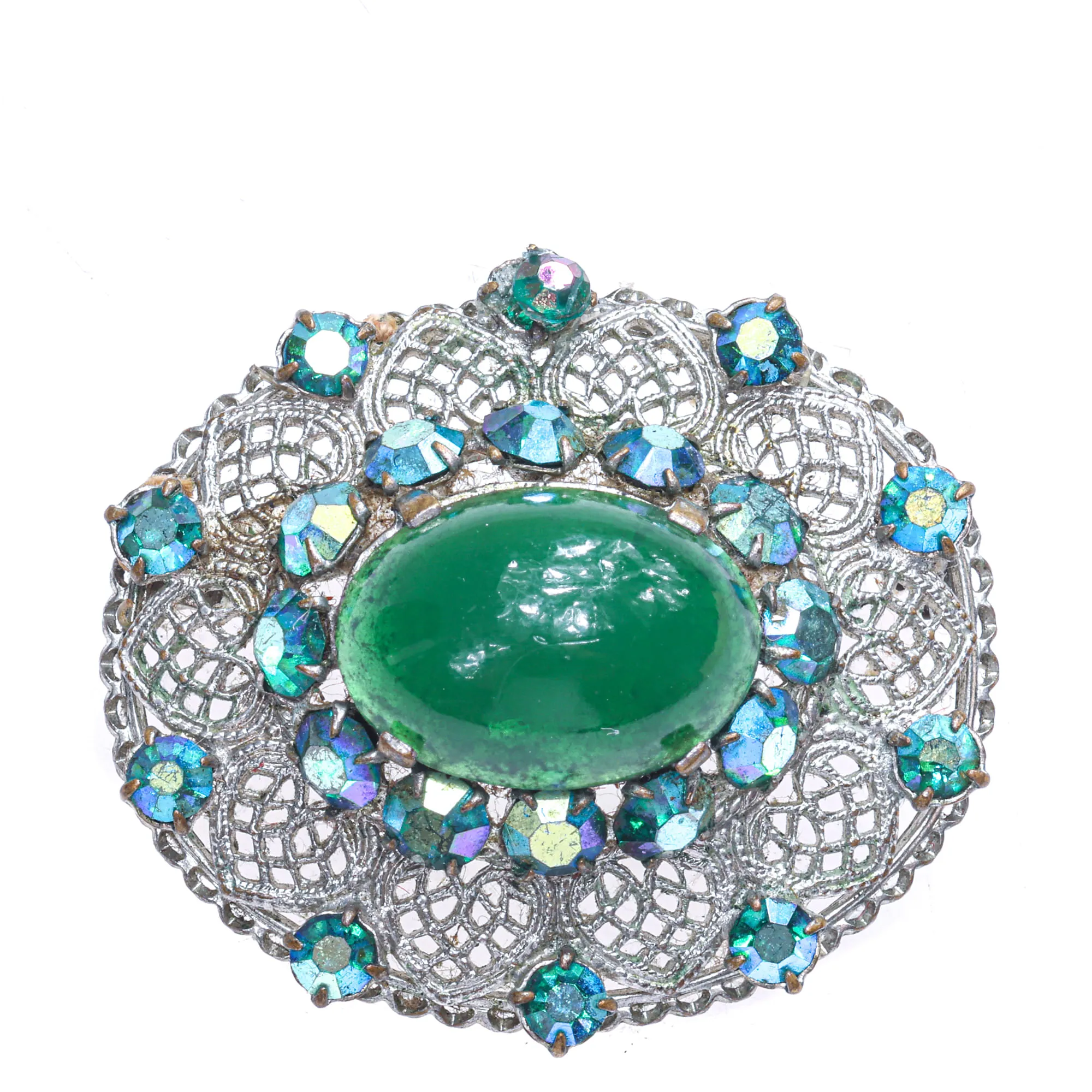 Broche Vintage com Corações e Pedra Verde