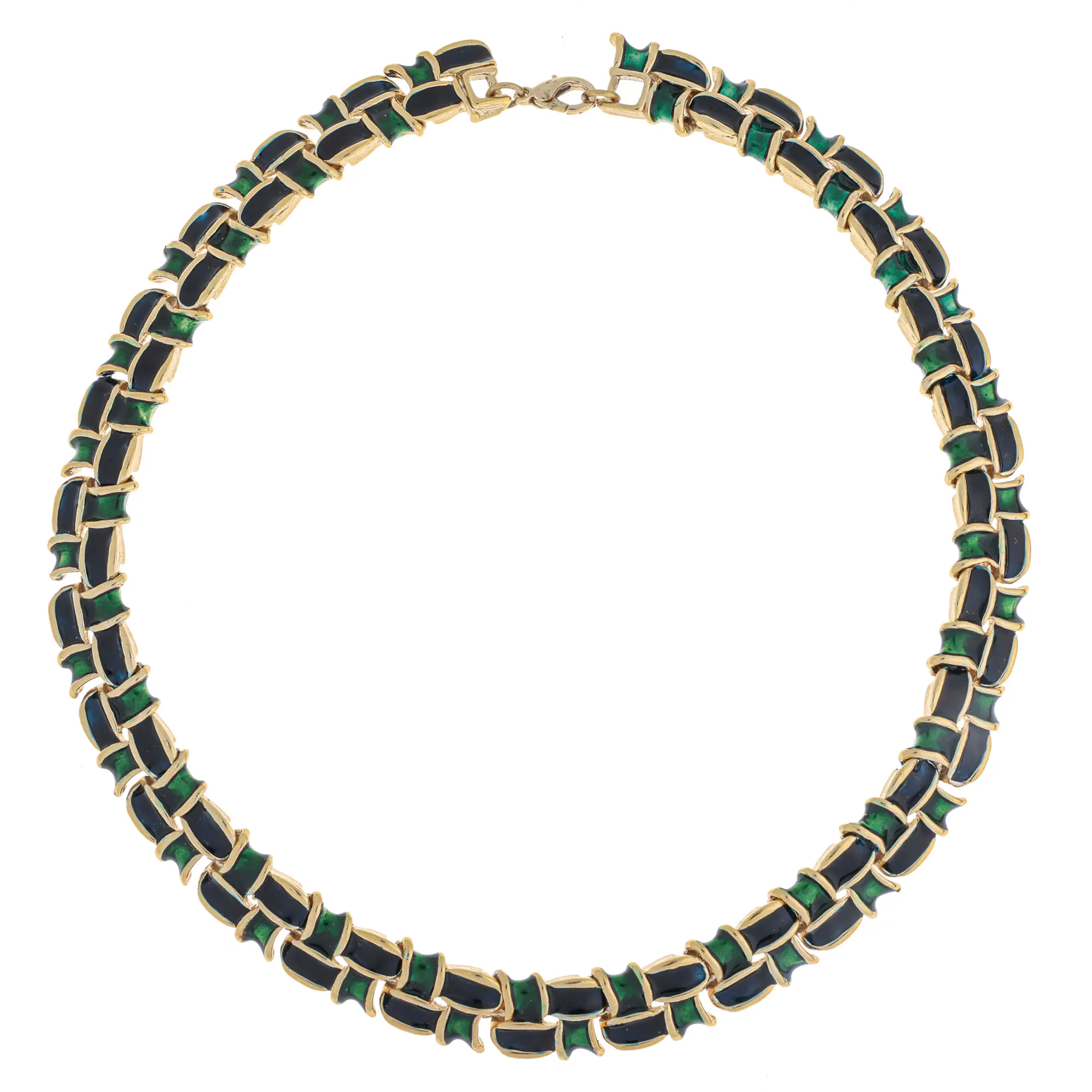 Colar Vintage Dourado Esmaltado Verde e Preto