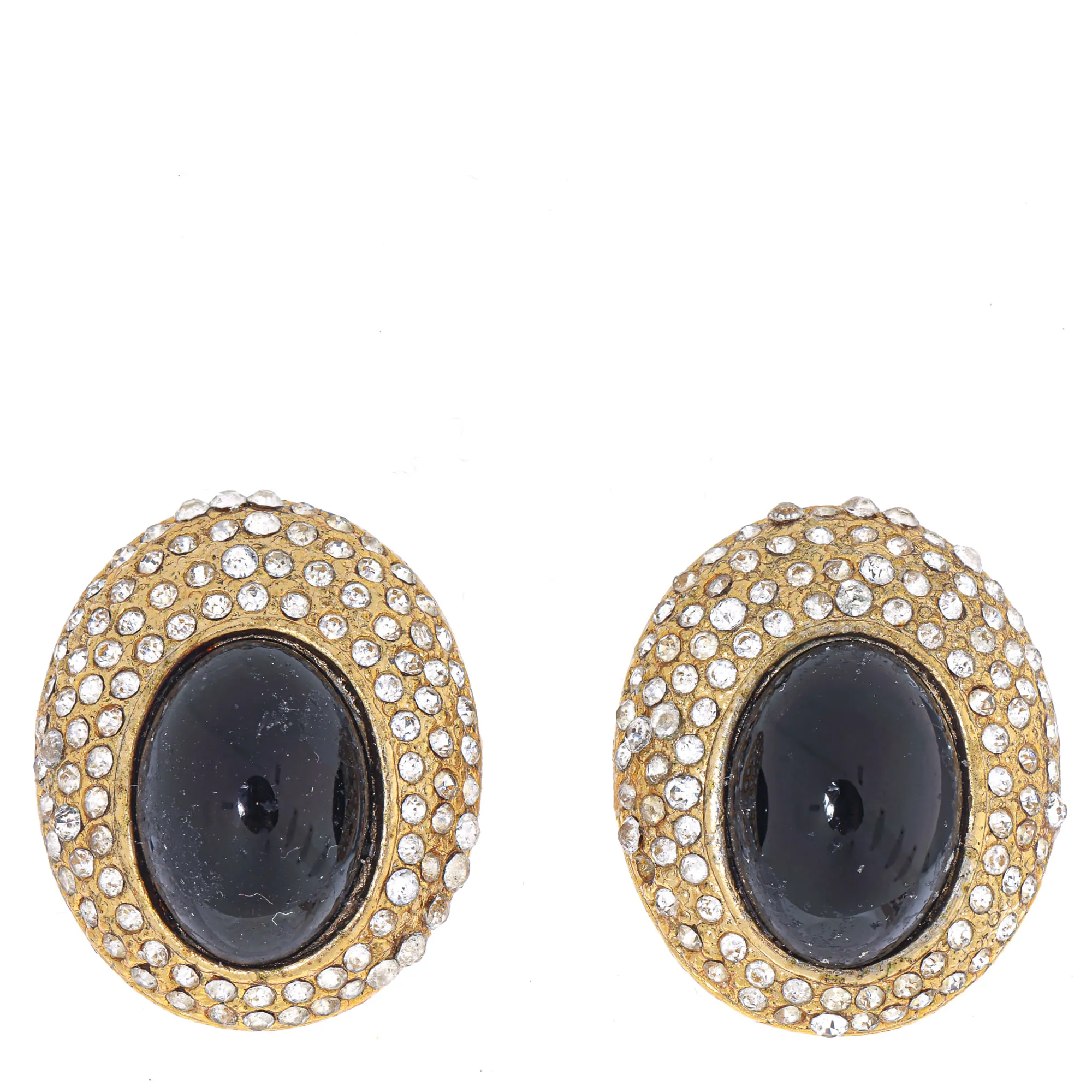 Brinco de Pressão Vintage Oval com Cristais e Pedra Preta