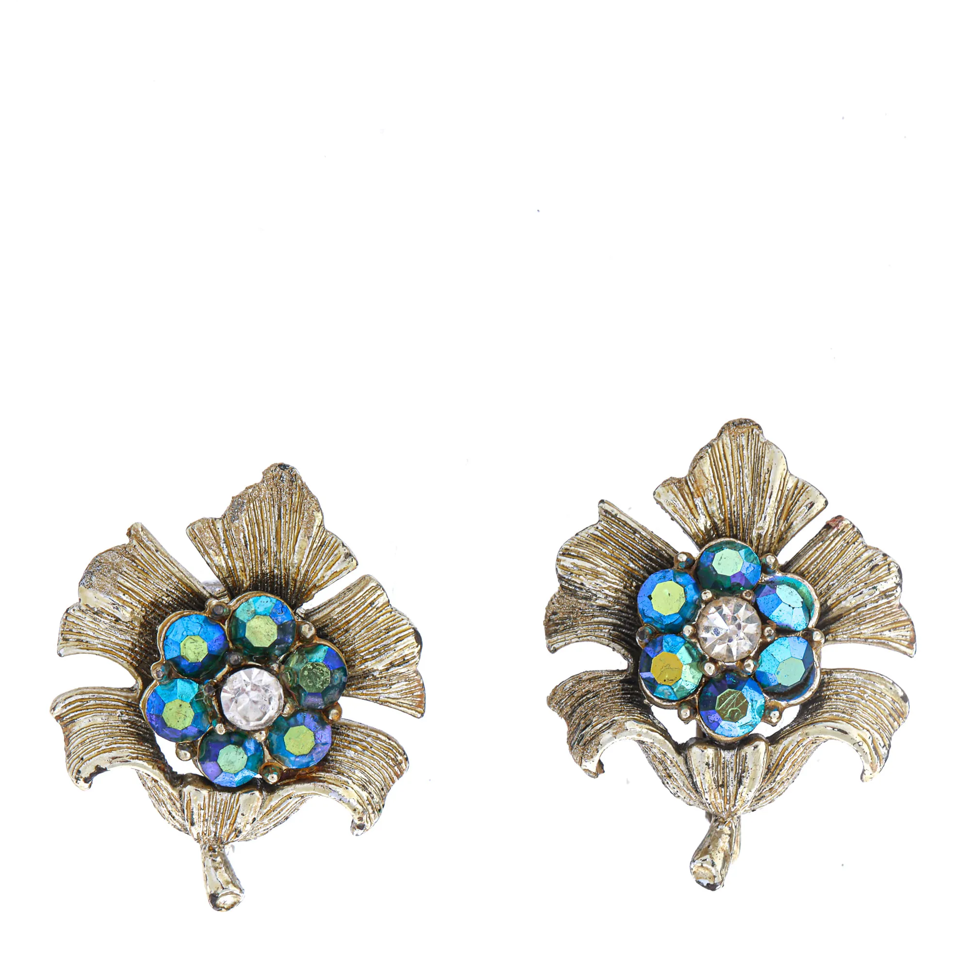 Brinco de Pressão Vintage Flor com Cristais Azuis