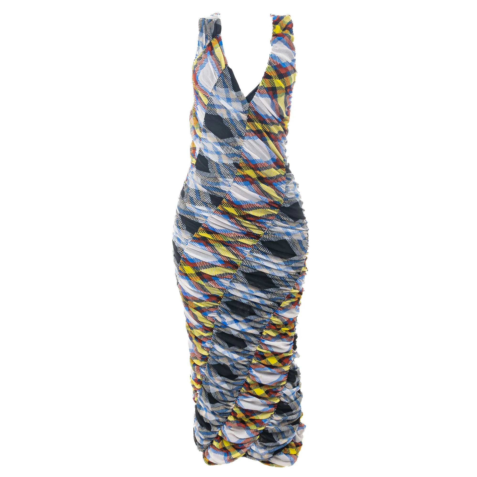 Vestido Diane Von Furstenberg Drapeado Xadrez Azul e Amarelo