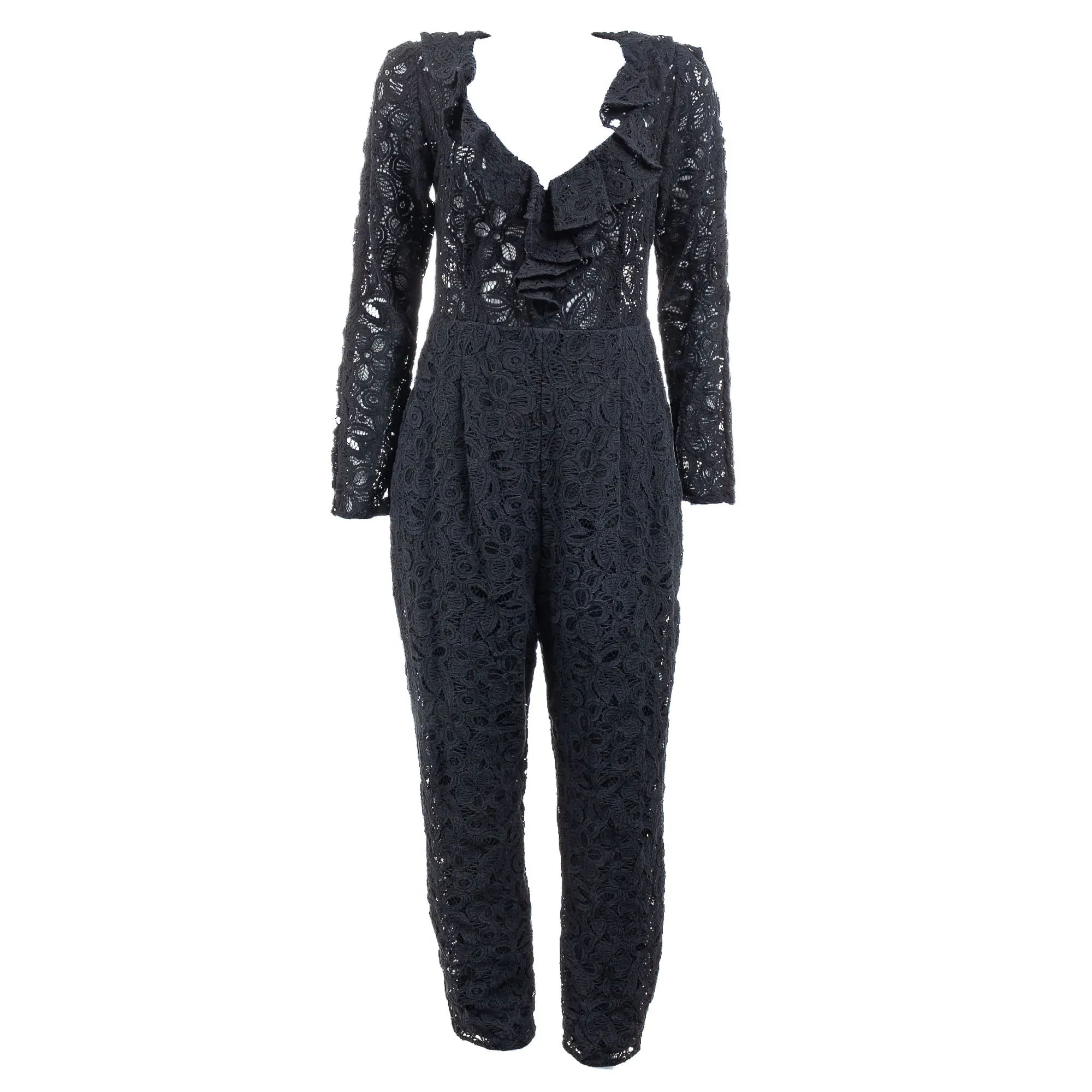 Macacão Cris Barros Botão Perola Renda Preta