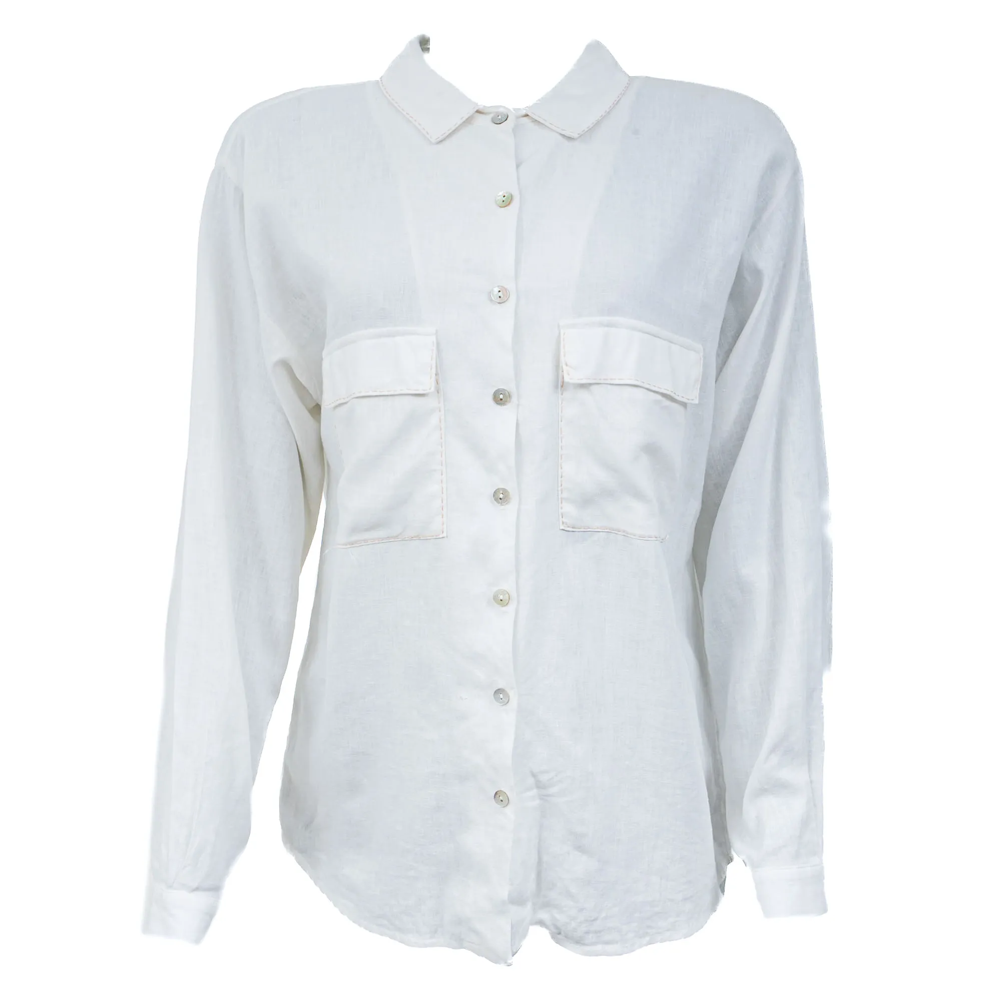 Camisa Cris Barros Linho Branco e Costura Bege