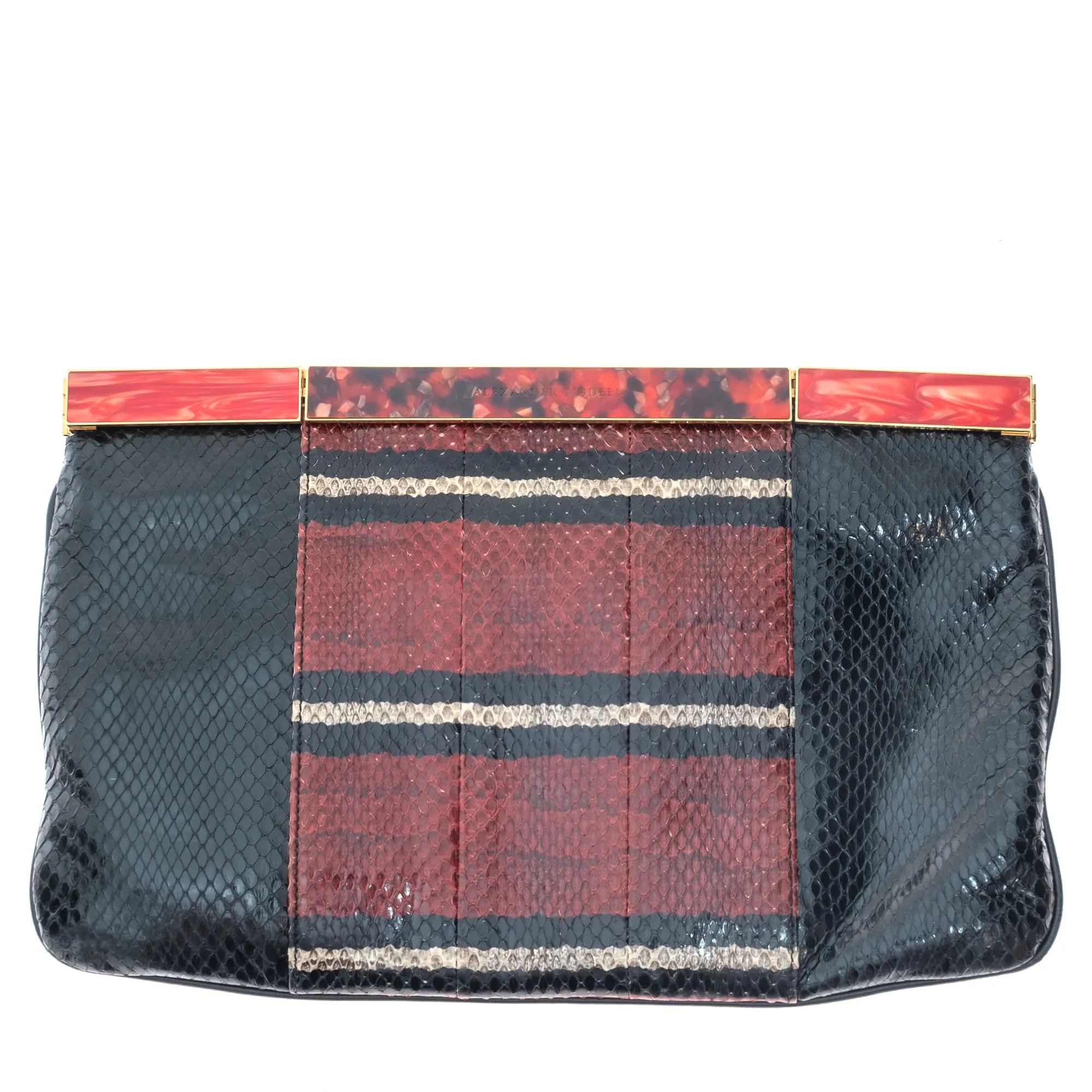Clutch Alexander McQuenn Couro Exótico Preto e Vermelho