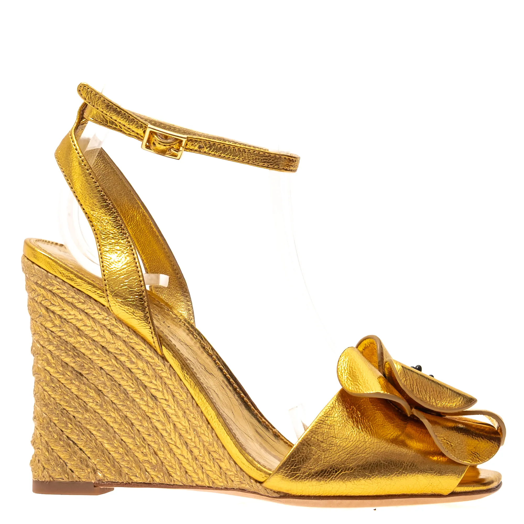 Sandália Tory Burch Anabela Flor Ráfia e Couro Dourado