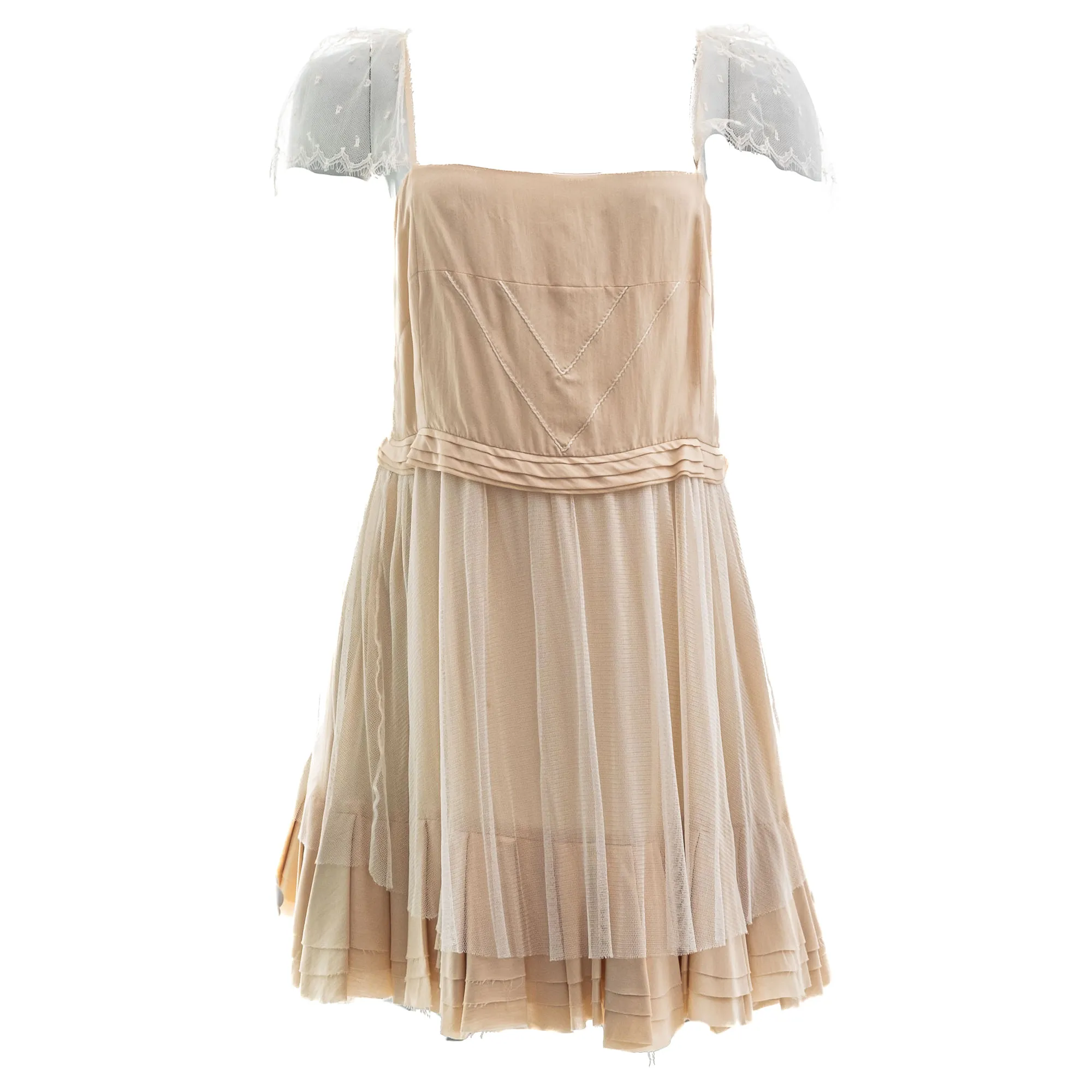 Vestido Vintage Mangas Tule Bege