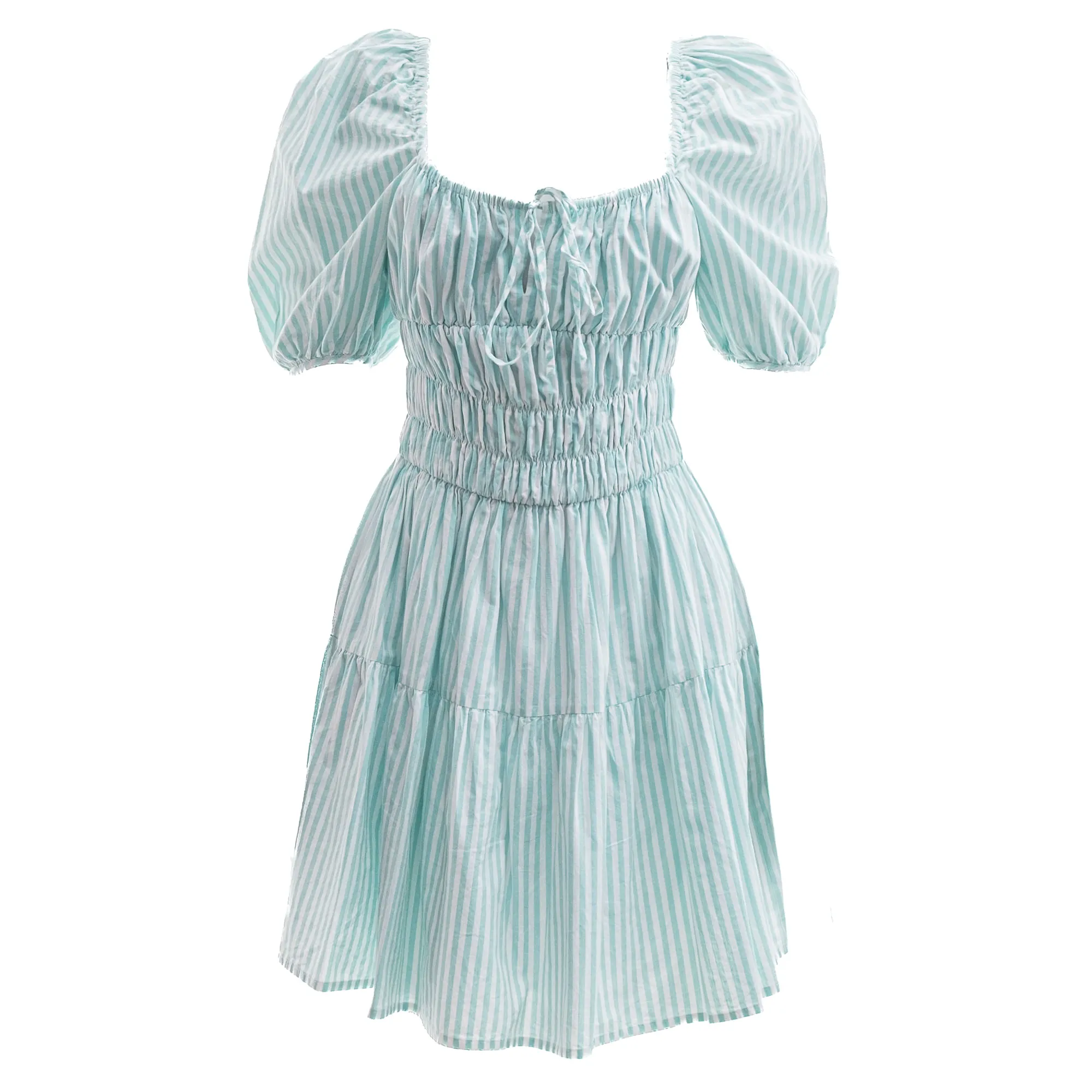 Vestido Leticia Gonzaga Curto Listrado Verde e Branco