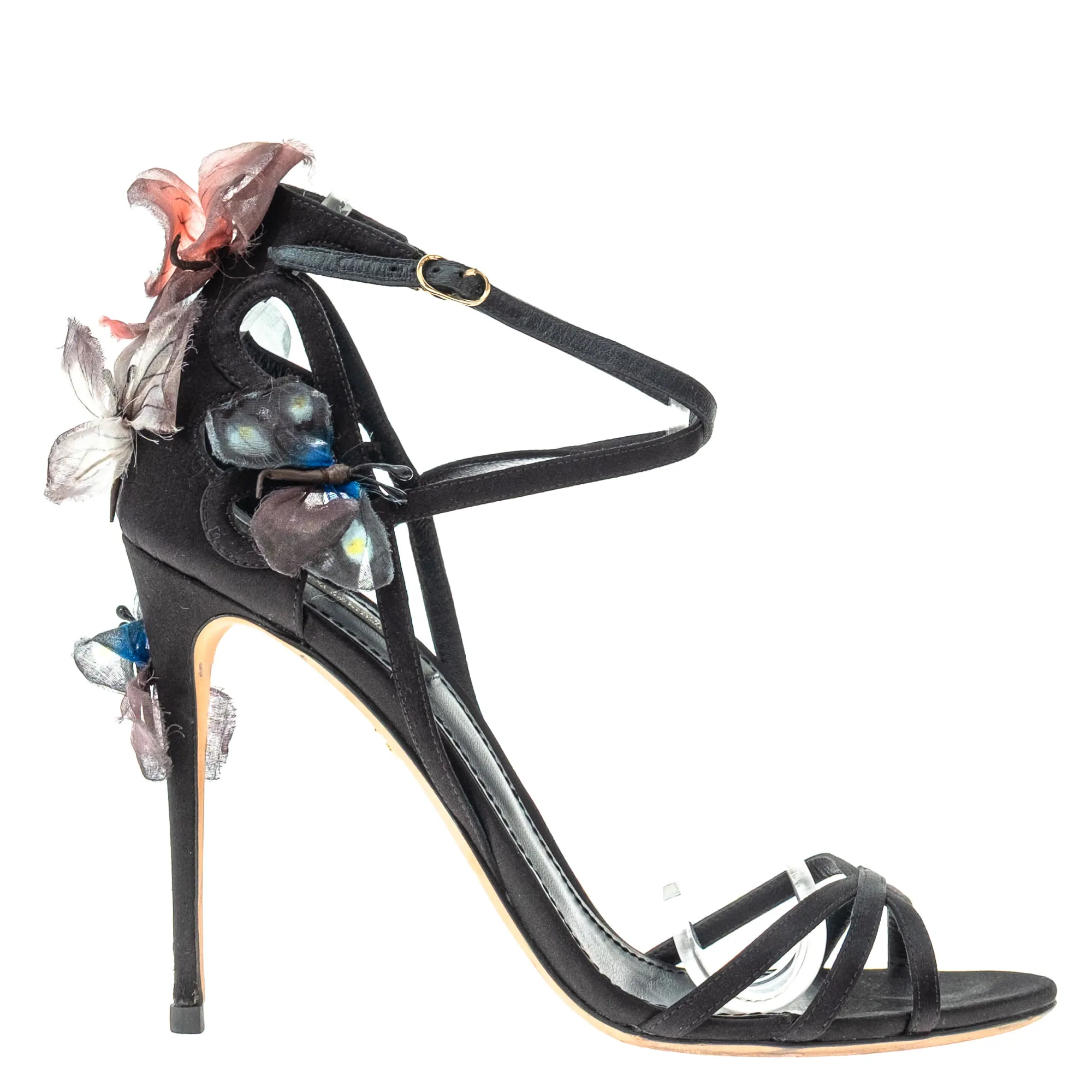 Sandália Dolce & Gabbana Cetim Preto e Aplicações Borboletas