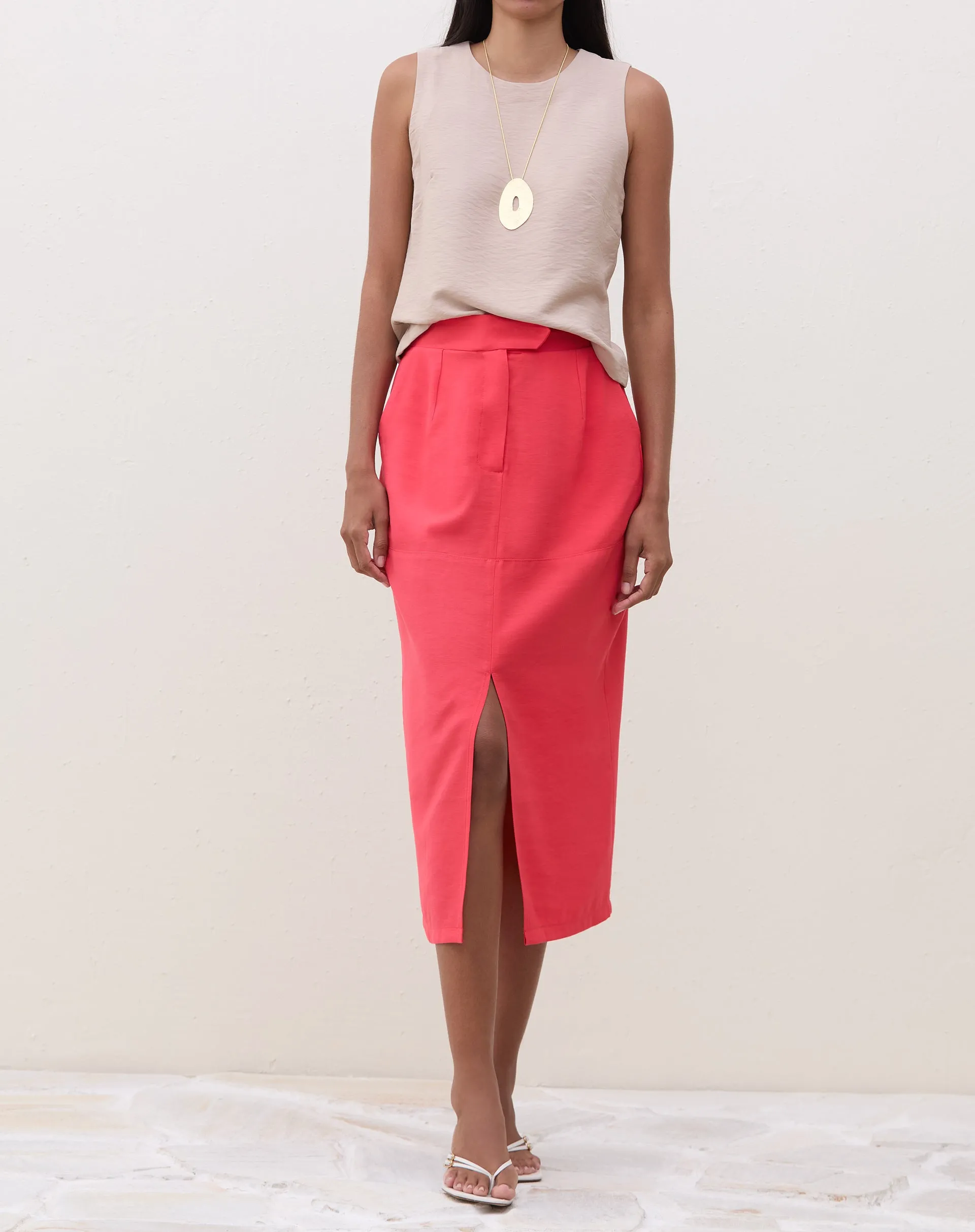 SAIA MIDI COM FENDA FRONTAL ALFAIATARIA - CORAL