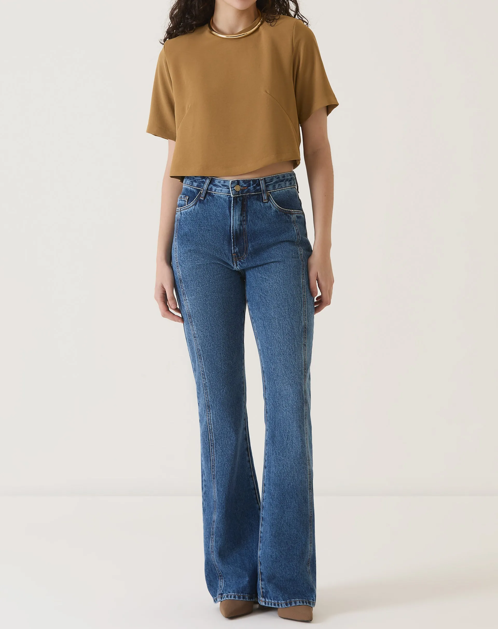 BLUSA CROP MANGA CURTA - MARROM