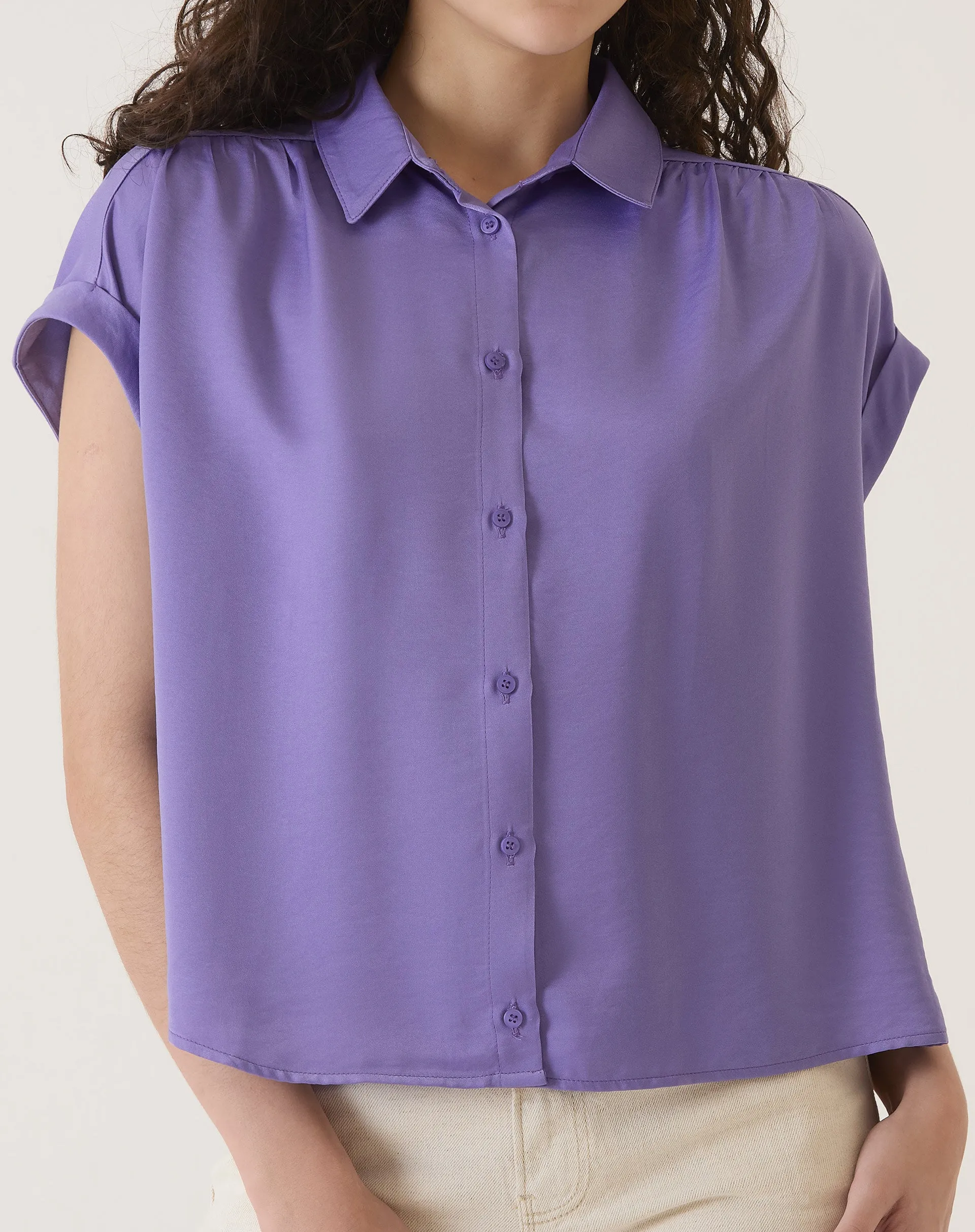 CAMISA MANGA CURTA DE CETIM - ROXO