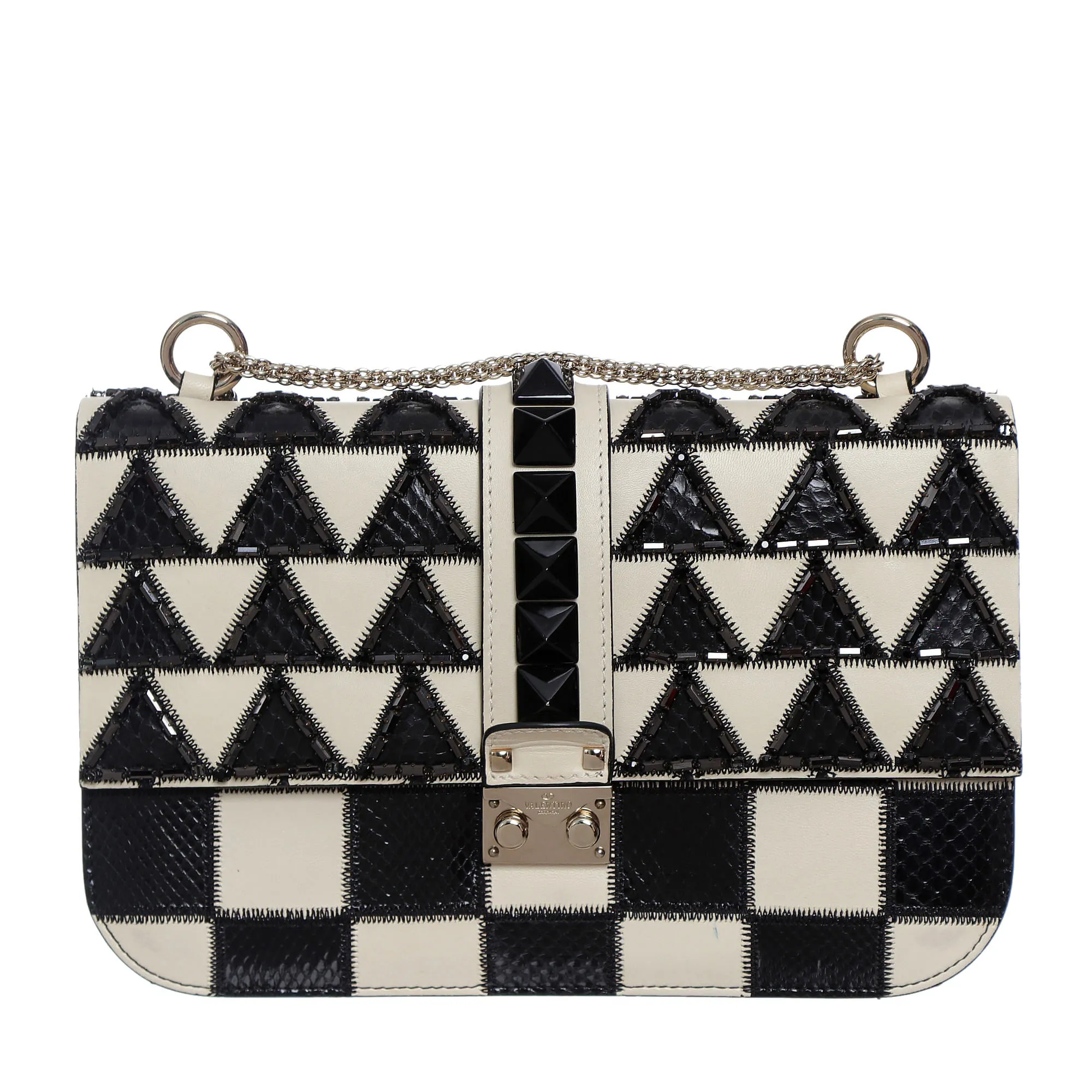 Bolsa Valentino Glam Lock Bordada Preta e Branca