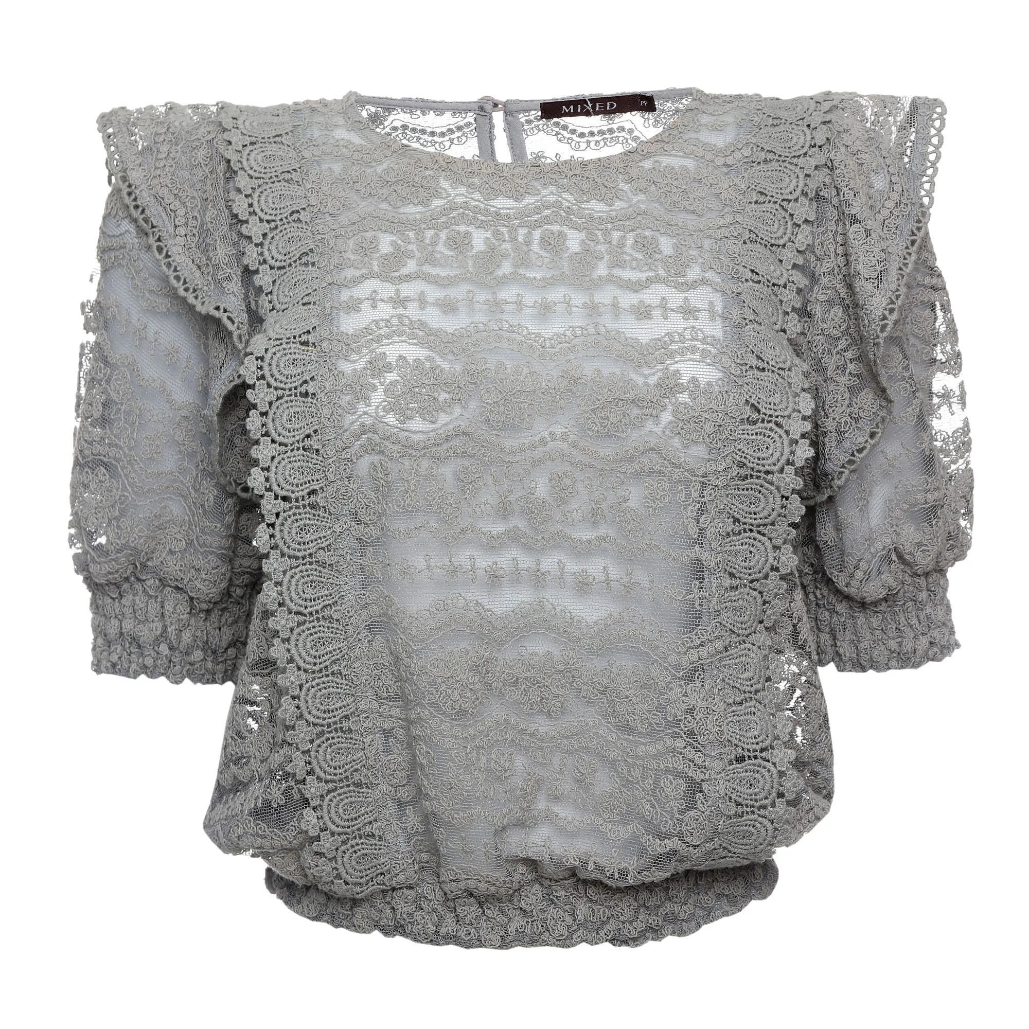 Blusa Mixed Rendada com Babado Cinza