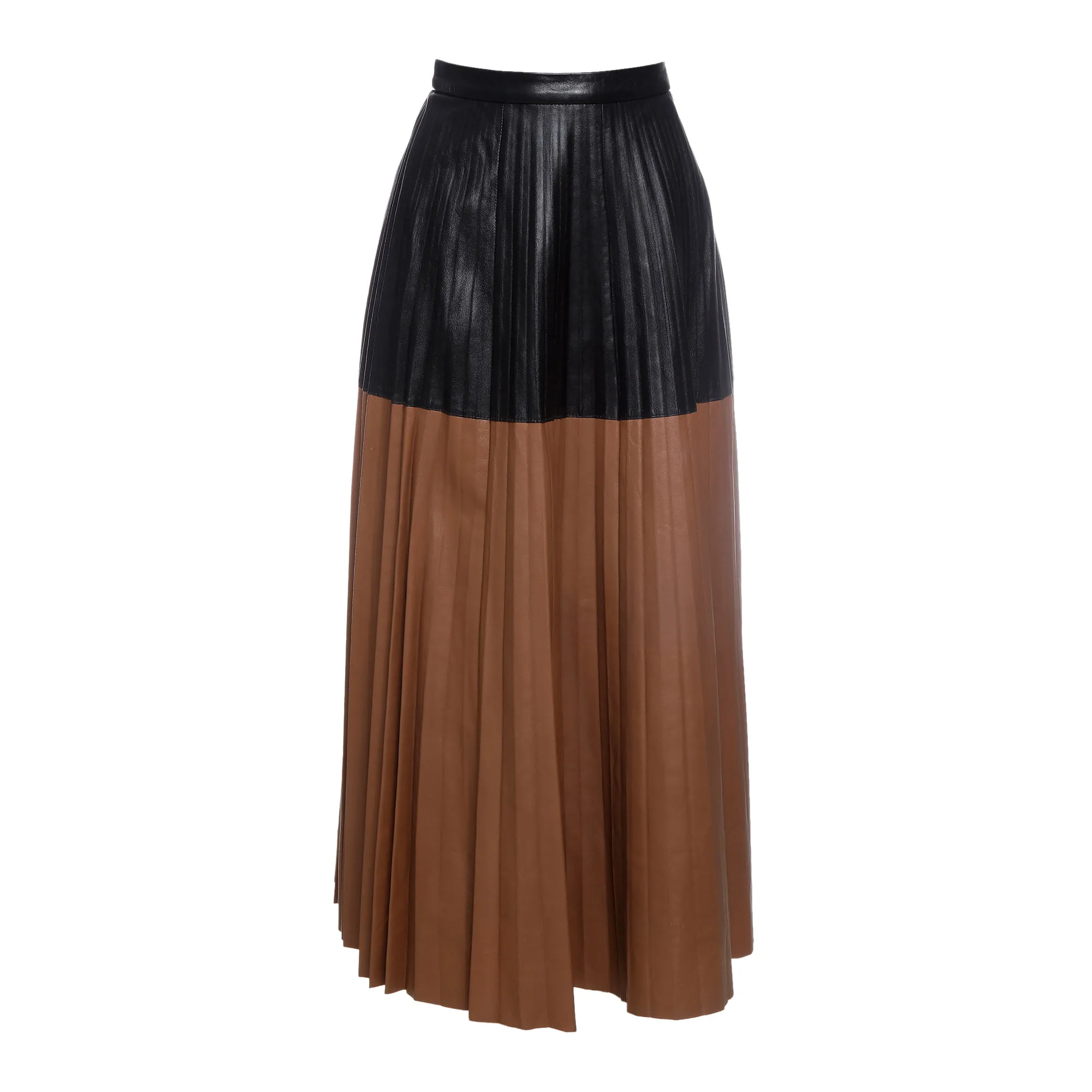 Saia Cruise Plissada Couro Preta e Caramelo