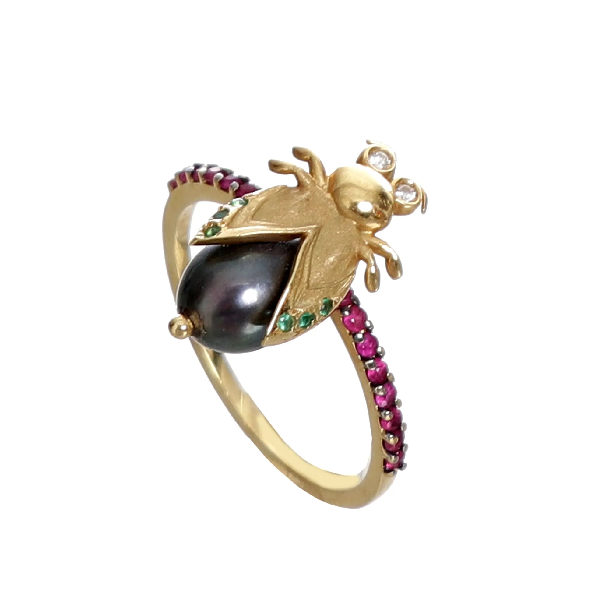 Anel Victoria Sayeg Pérola Negra, Esmeralda e Brilhante em Ouro