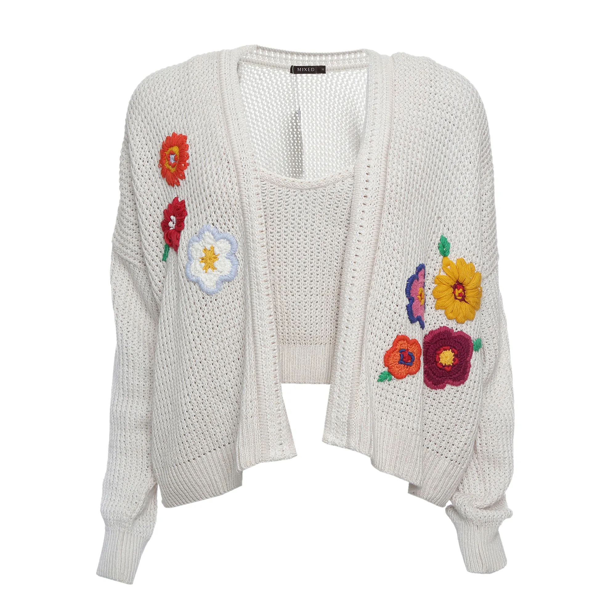 Conjunto Mixed Tricô Bordado Flores Bege