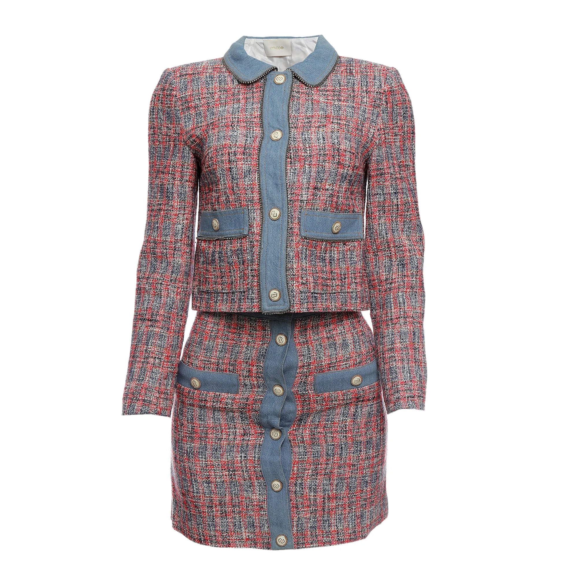 Conjunto Maje Casaco e Saia Tweed Rosa