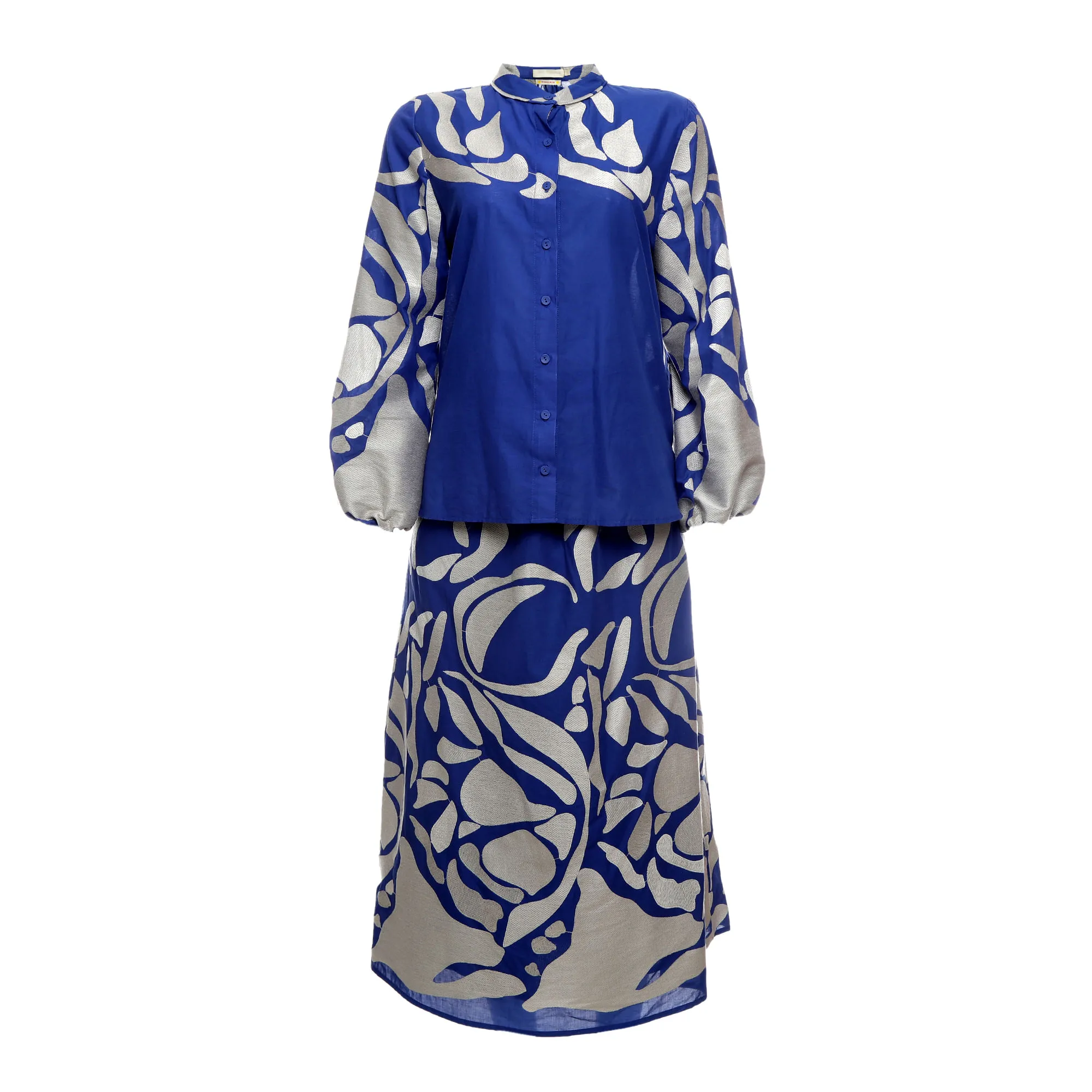 Conjunto Cris Barros Camisa e Saia Estampado Azul