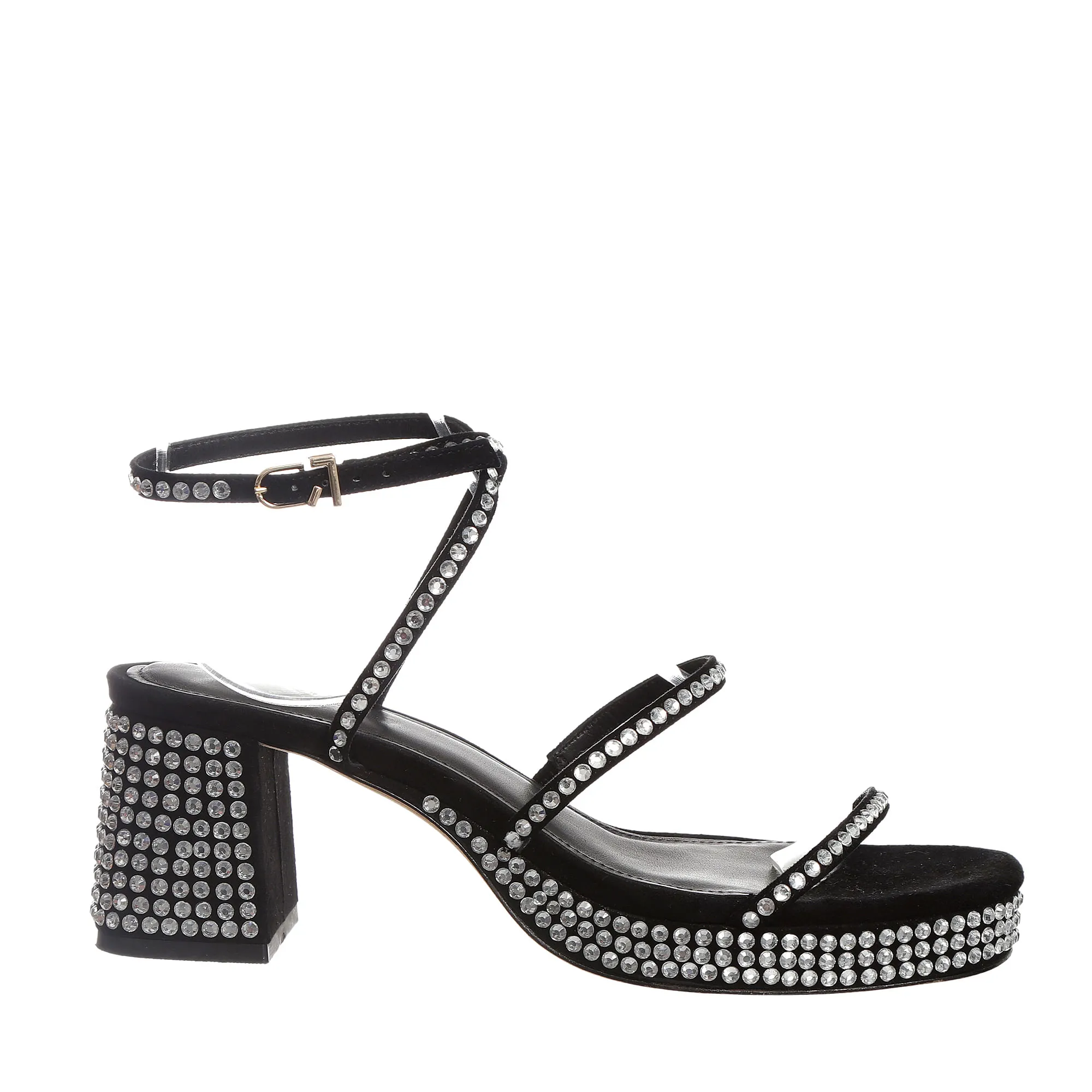 Sandália Larroudé Camurça Preta e Strass