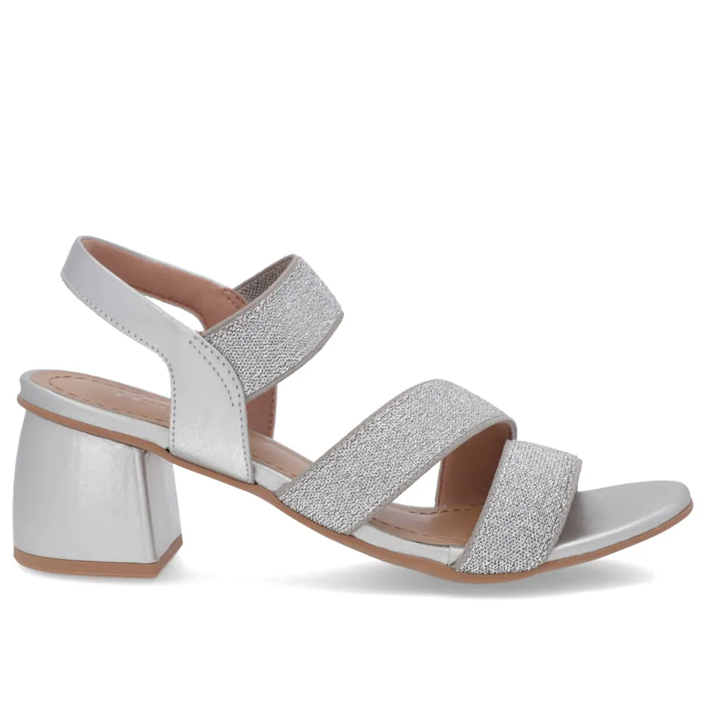 Sandália Salto Bloco Tiras Elástico Prata