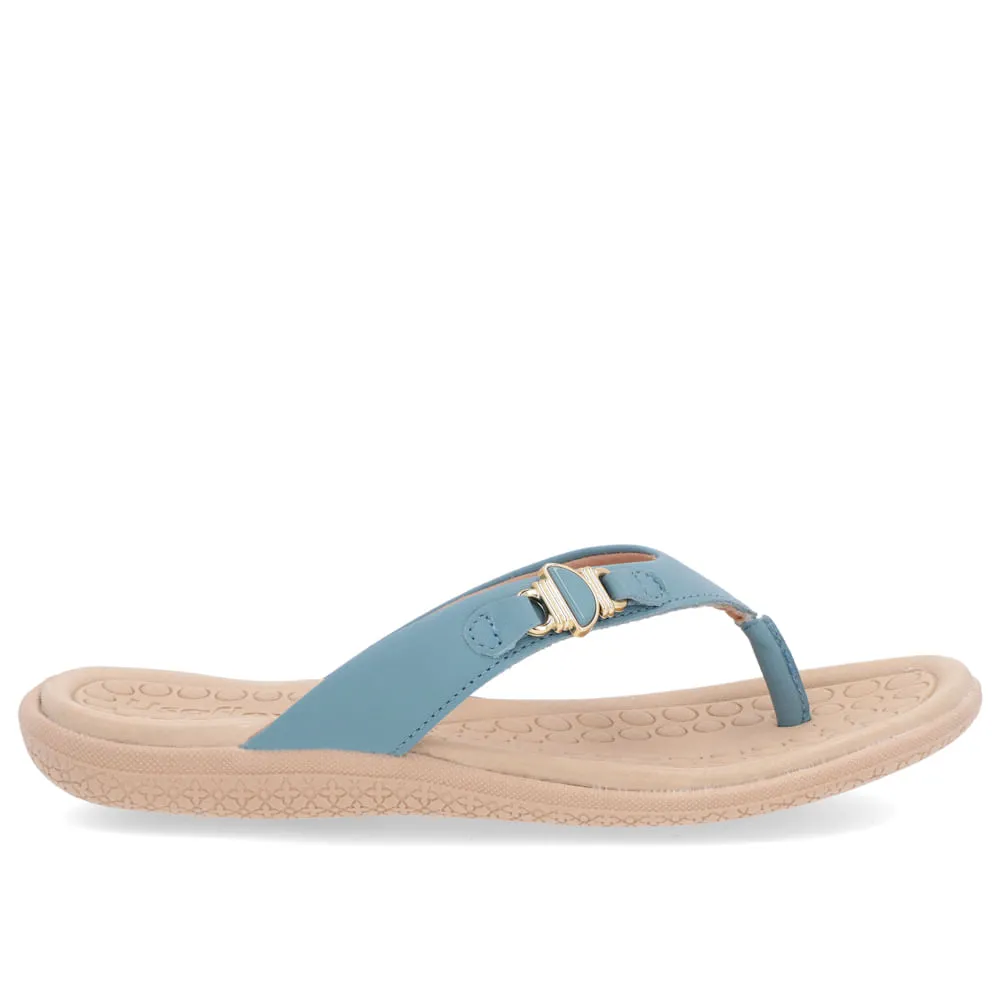 Chinelo Salto Baixo Couro Azul Enfeite