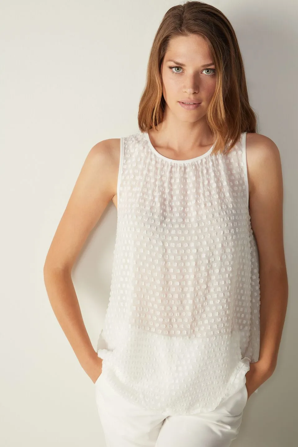 Blusa De Alças Largas Em Linho Fil Coupé - Marfim