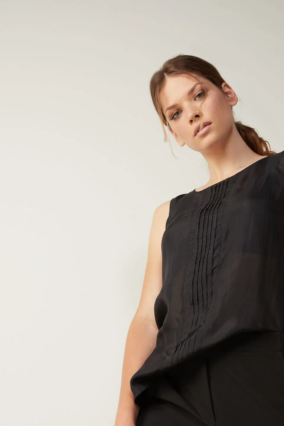 Blusa De Alças Largas Em Seda Habotai e Modal - Preto