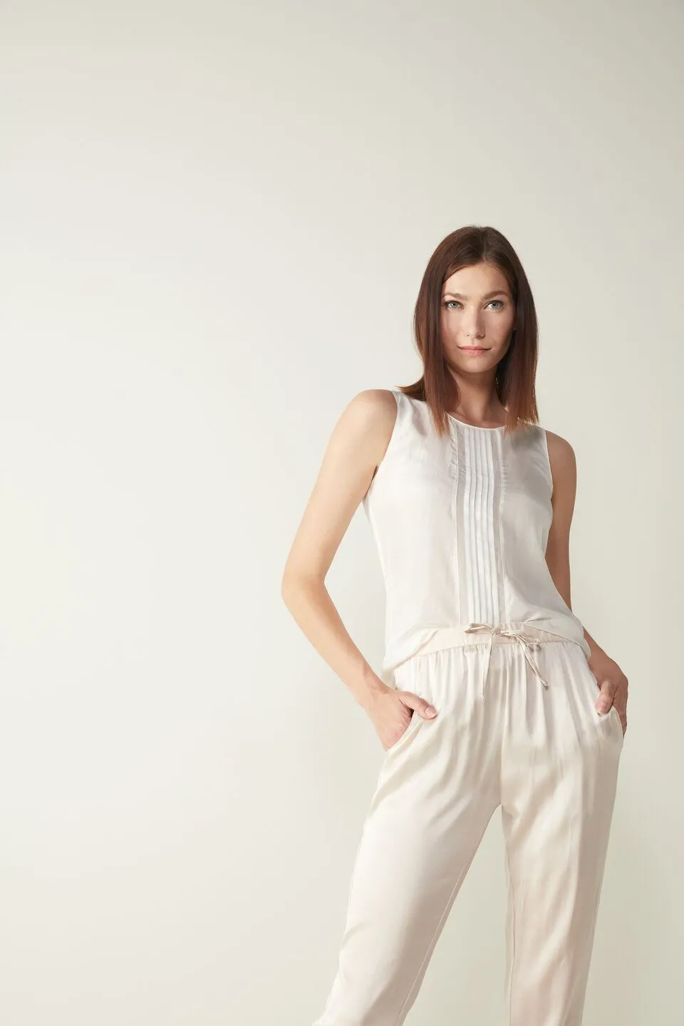 Blusa De Alças Largas Em Seda Habotai e Modal - Marfim