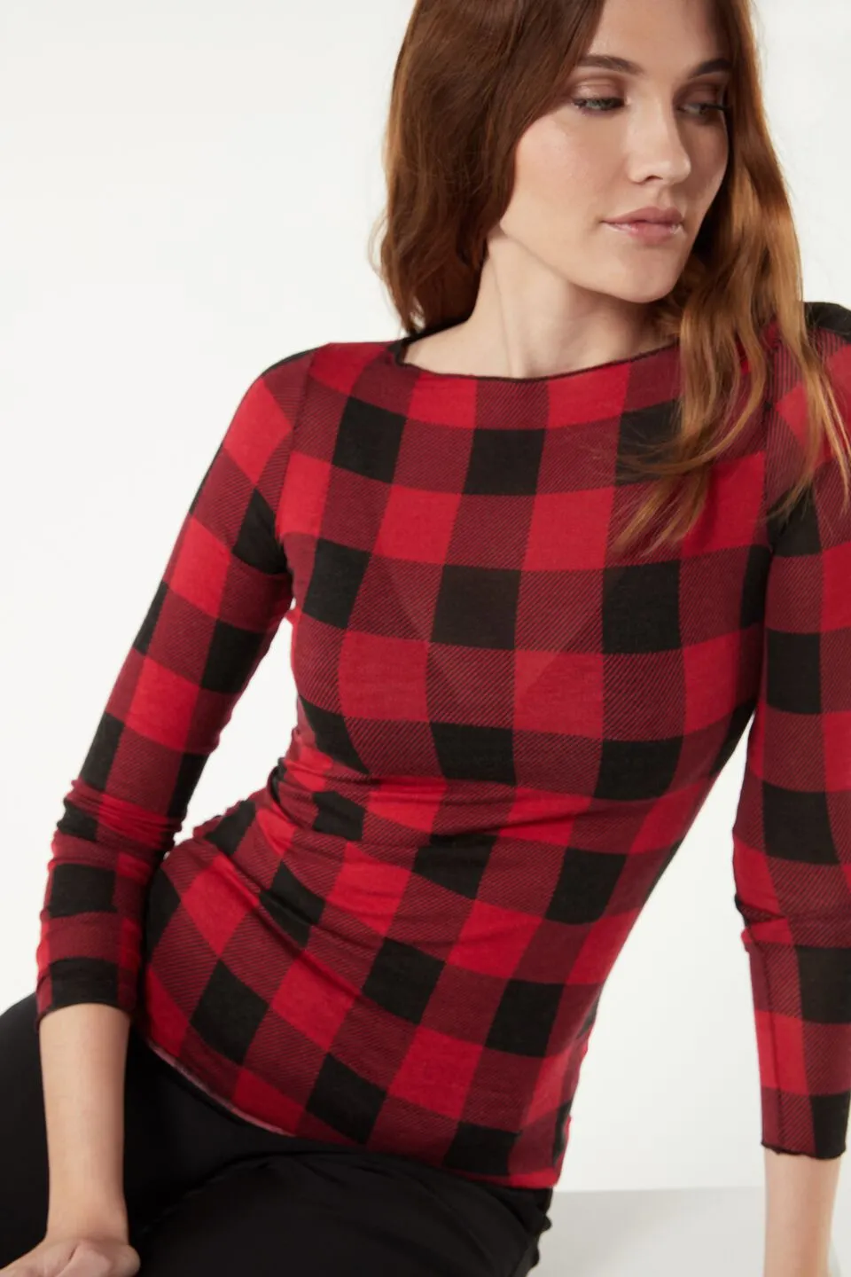 Blusa Cashmere Ultraleve Modal Manga Comprida - Xadrez