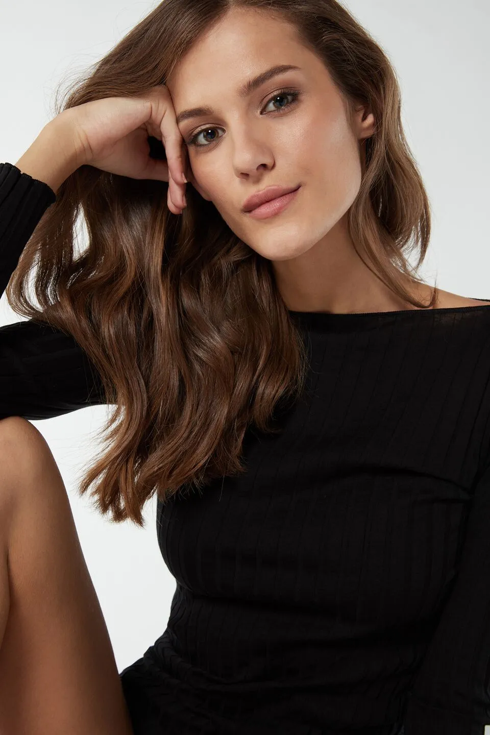 Blusa De Manga Comprida Algodão e Seda Decote Em Barco - Preto