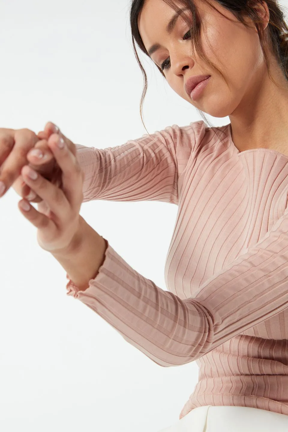 Blusa De Manga Comprida Algodão e Seda Decote Em Barco - Rosa