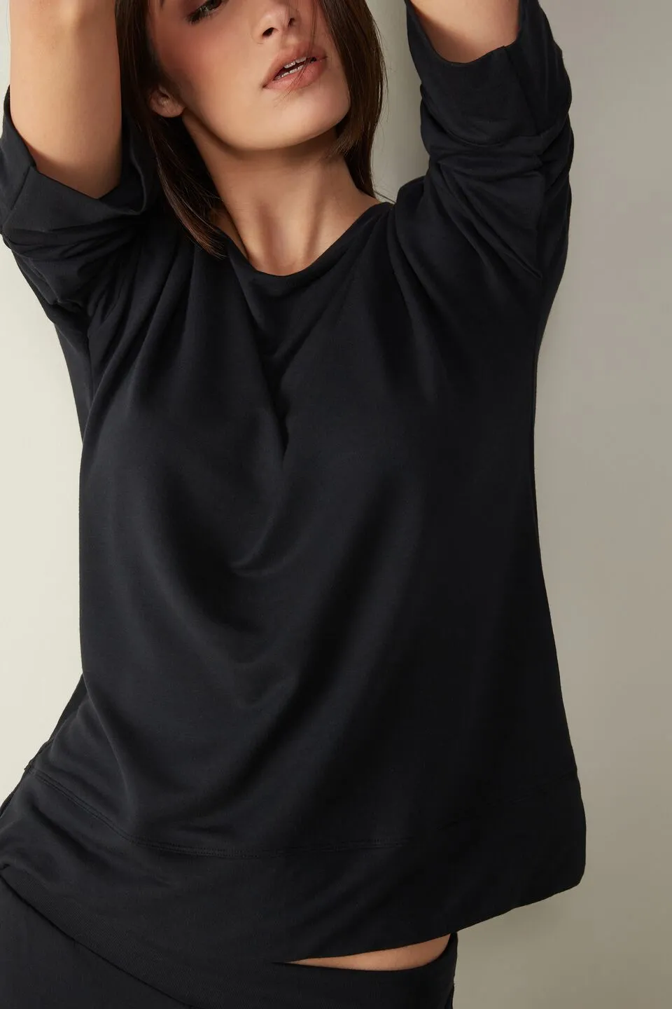 Blusa Com Mangas 3/4 Em Felpa De Modal e Seda - Preto