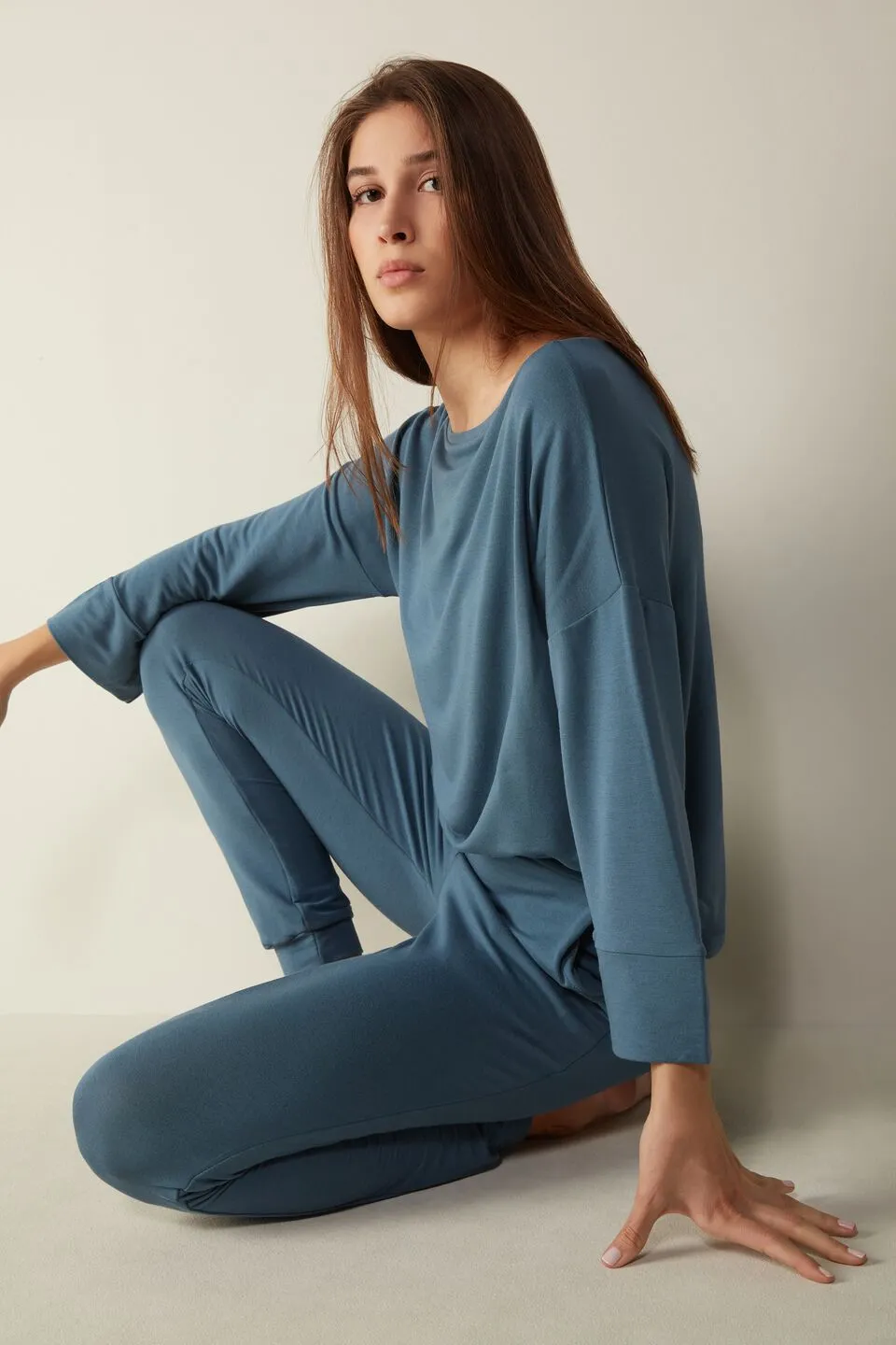 Blusa Com Mangas 3/4 Em Felpa De Modal e Seda - Azul