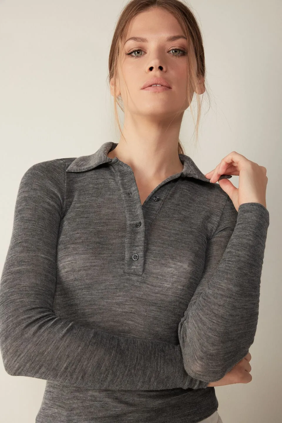 Blusa Estilo Polo Em Lã e Seda - Cinza