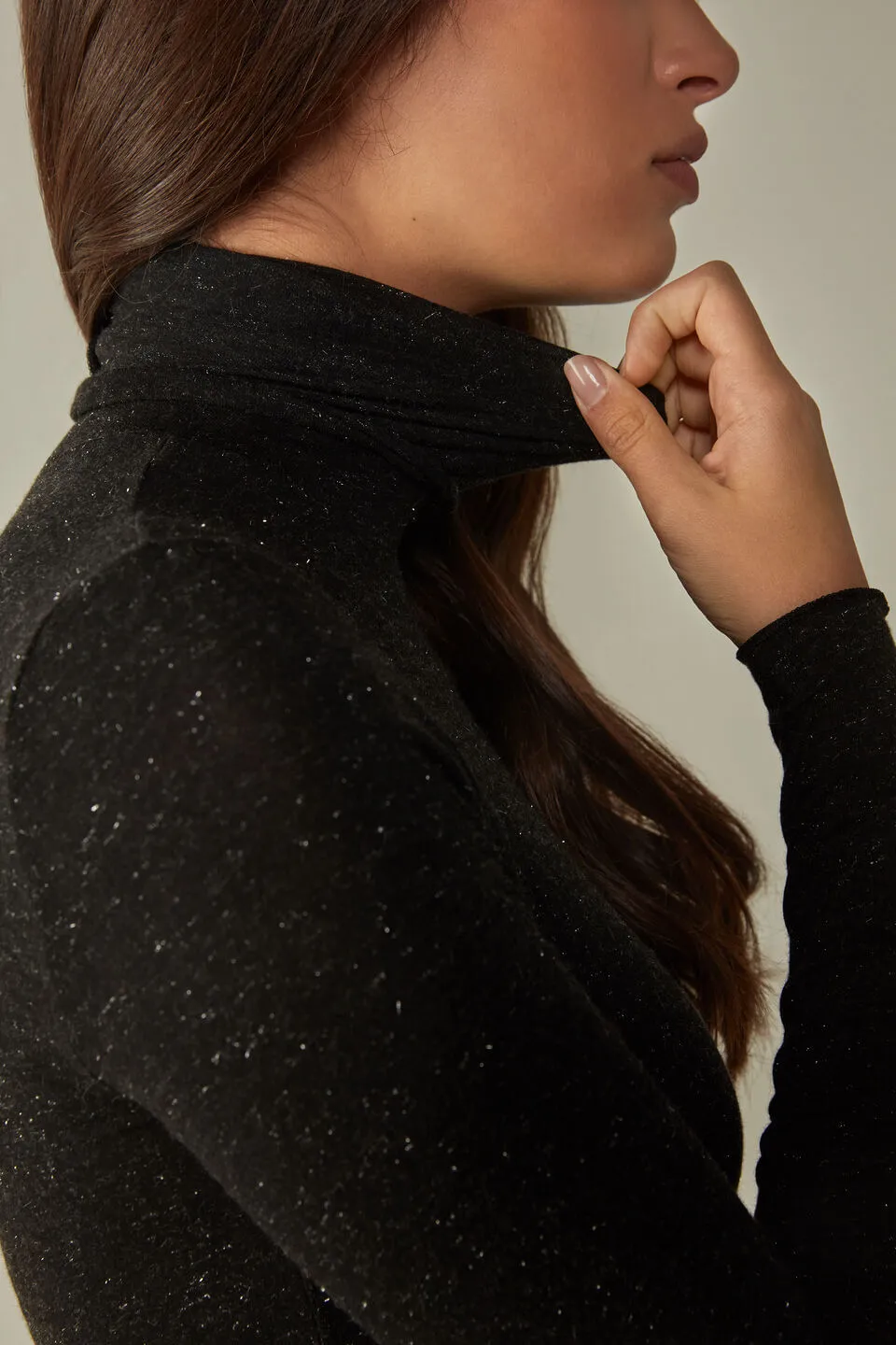 Blusa De Manga Comprida e Gola Alta Em Modal Com Cashmere Lamê - Preto