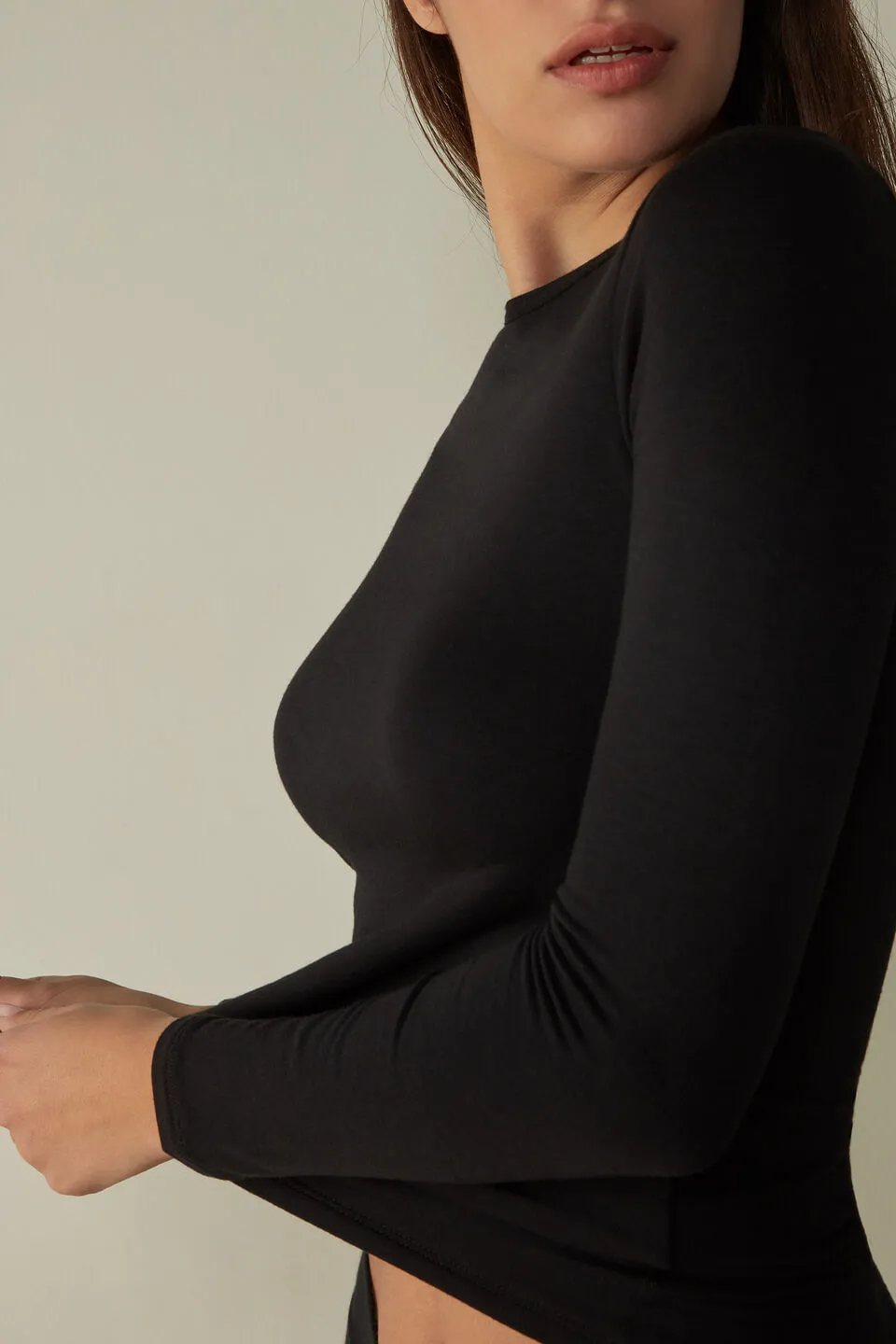 Blusa Manga Comprida Com Decote Redondo Em Felpa De Modal Com Cashmere - Preto