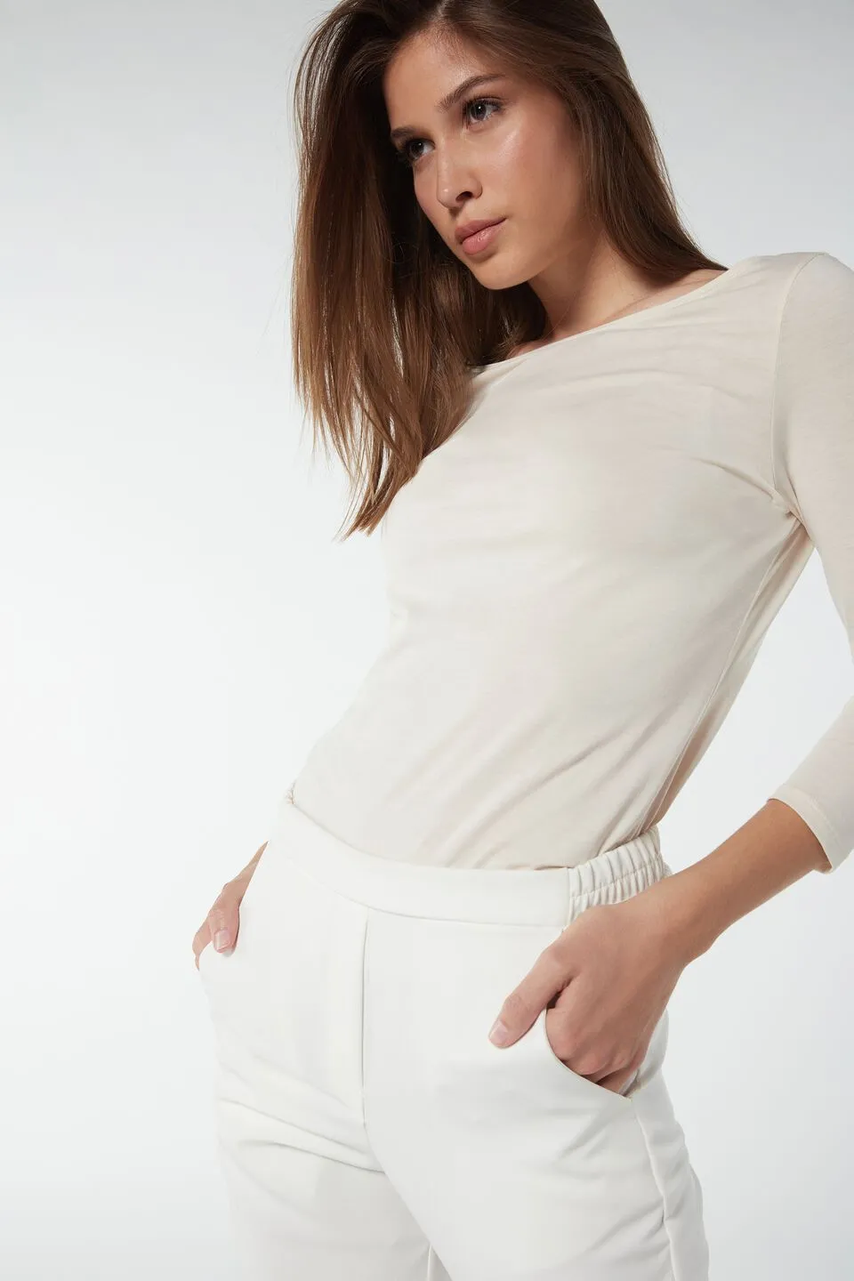 Blusa Com Decote Em Barco Em Algodão Supima Ultrafresh - Bege