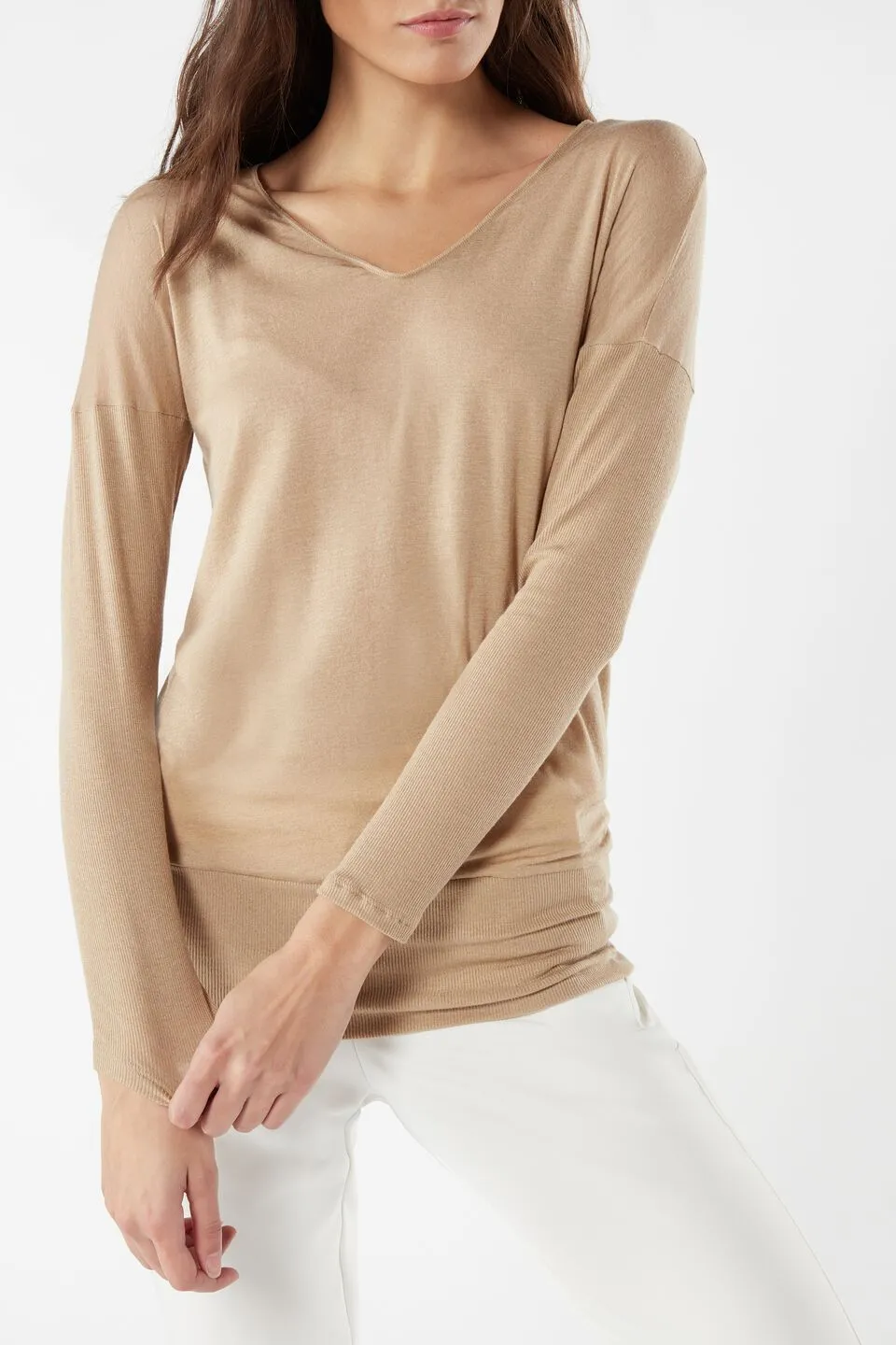 Blusa Em Modal e Cashmere Ultraleve De Manga Comprida - Bege