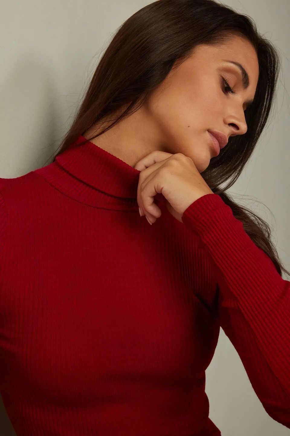 Blusa Manga Comprida Em Lã e Seda Gola Alta - Vermelho