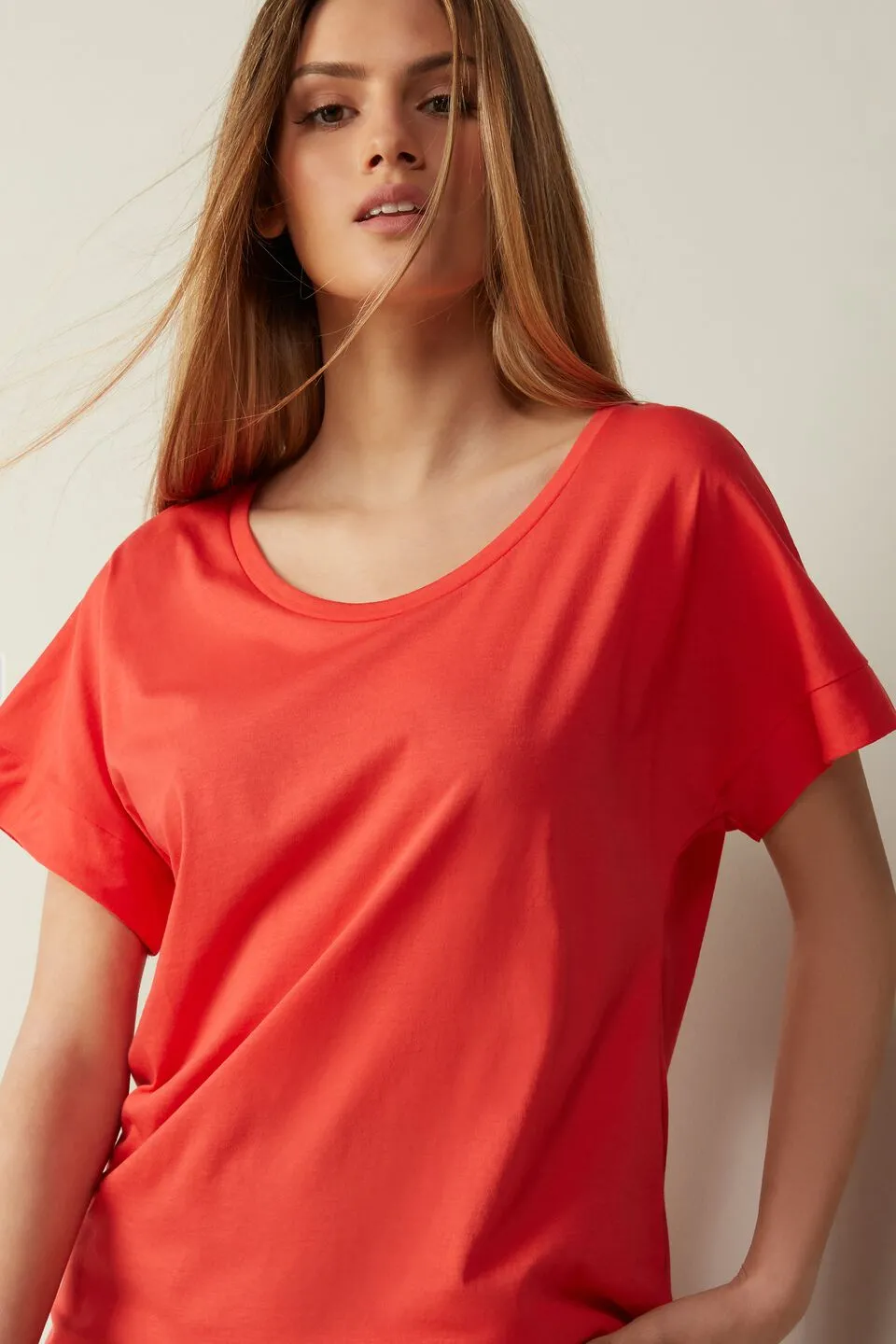 Blusa De Manga Curta Em Algodão Supima Ultrafresh Com Barra Forrada - Vermelho