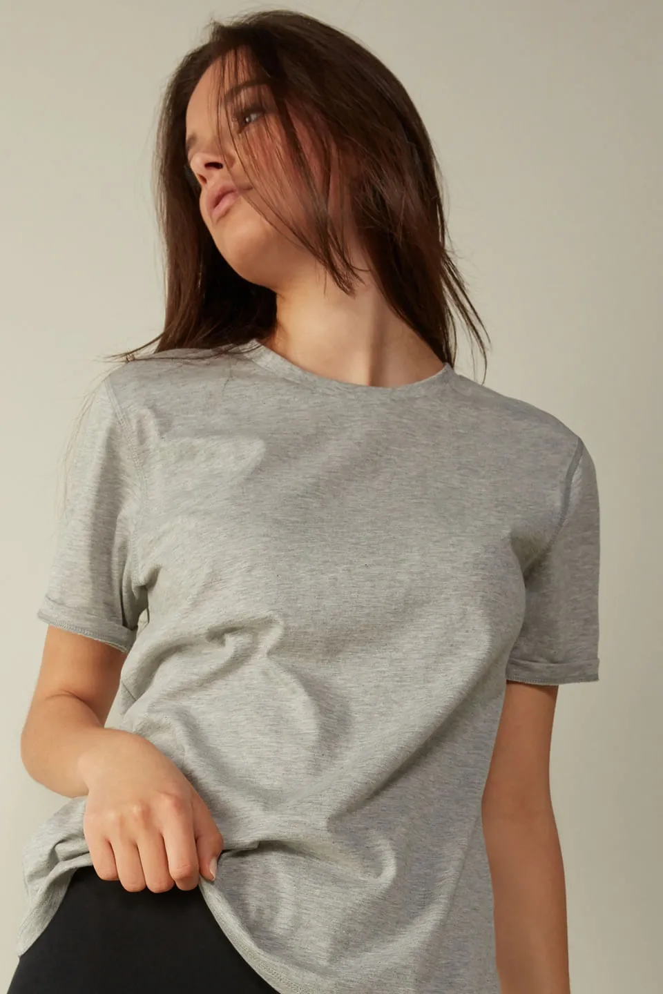 Blusa De Manga Curta Em Algodão Supima - Cinza