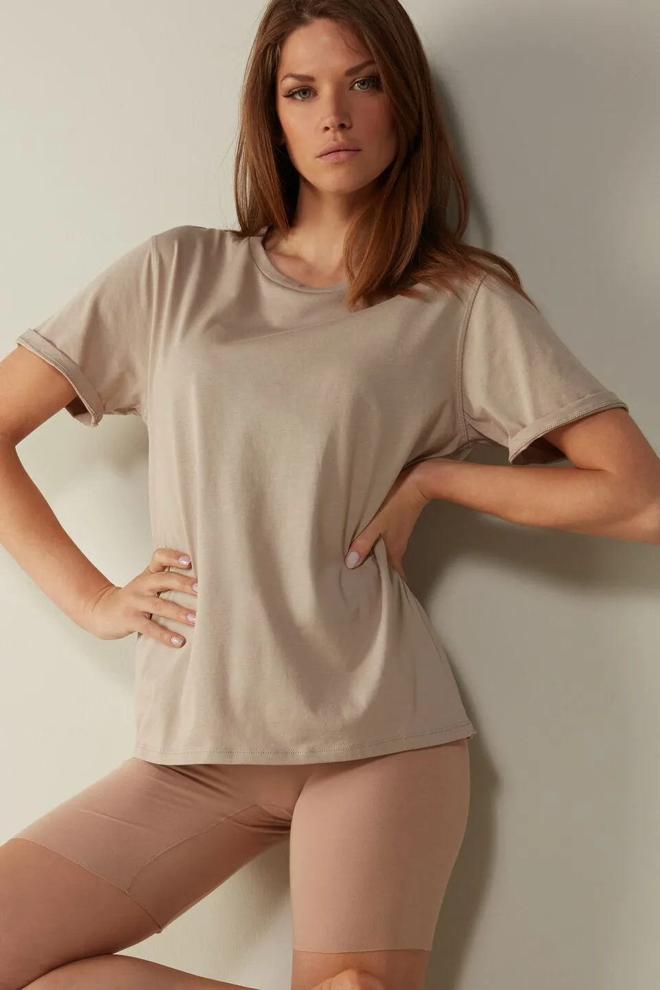 Blusa De Manga Curta Em Algodão Supima - Bege