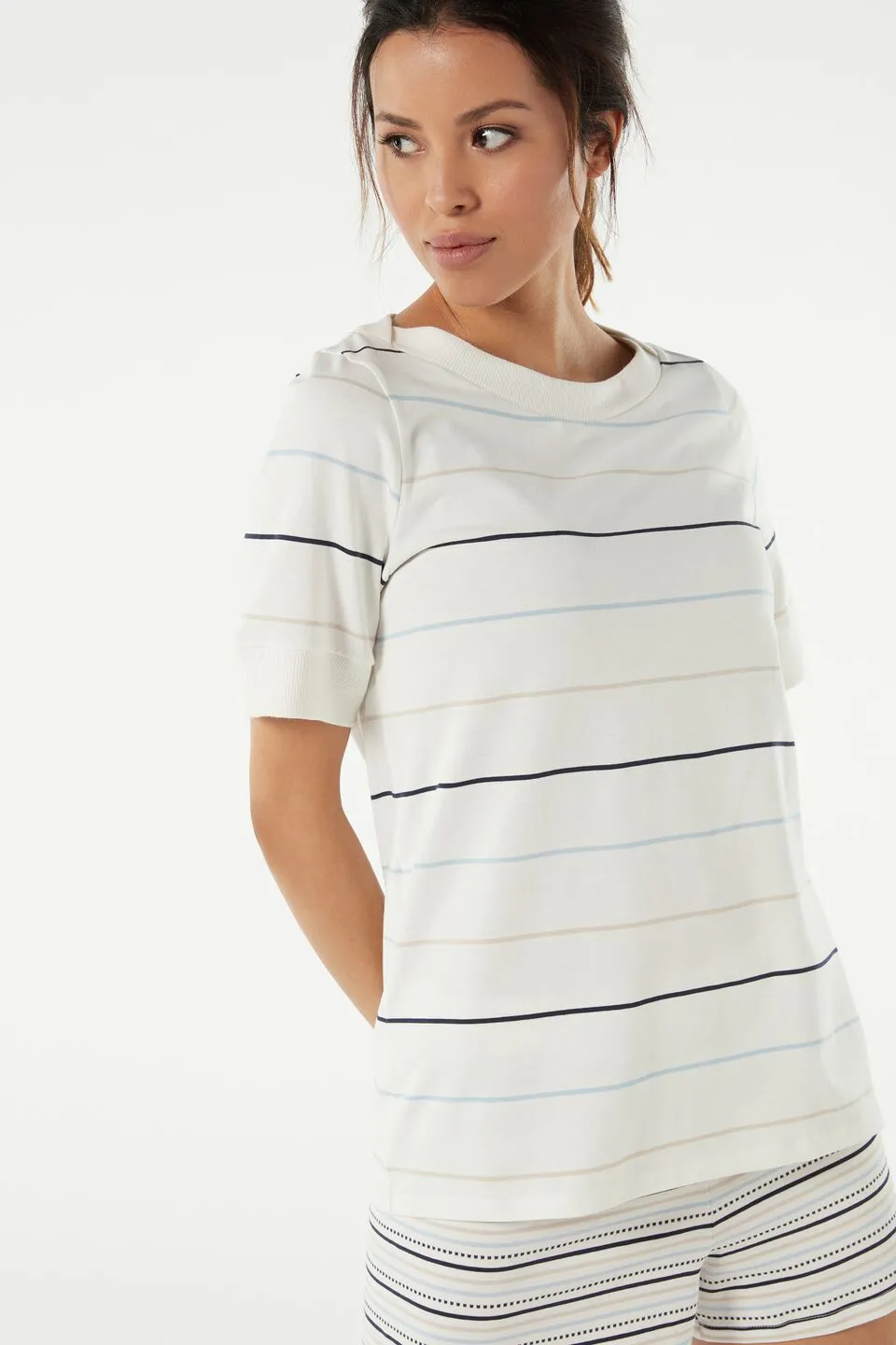 Blusa De Manga Curta Estampa De Riscas - Branco