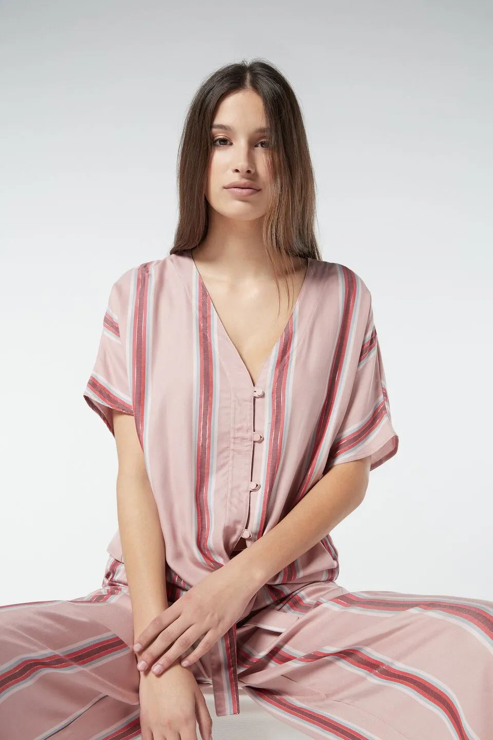 Blusa De Manga Curta Em Tela Shiny Stripes - Rosa