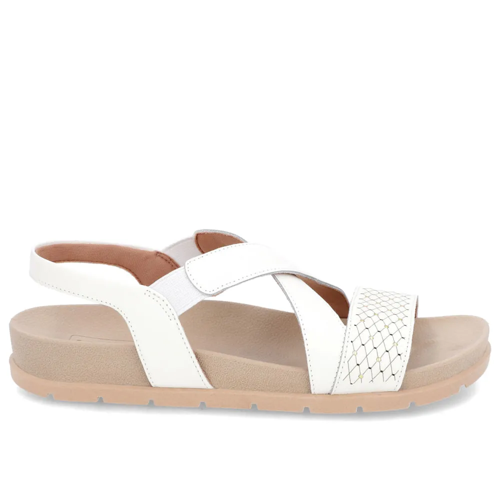 Sandália Tiras Couro Branca Ajuste Elástico