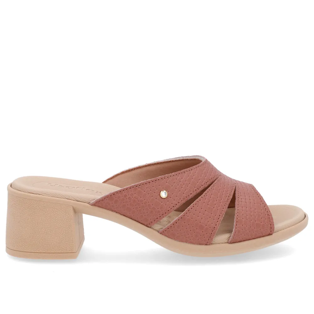 Tamanco Salto Bloco Couro Rosa Tiras